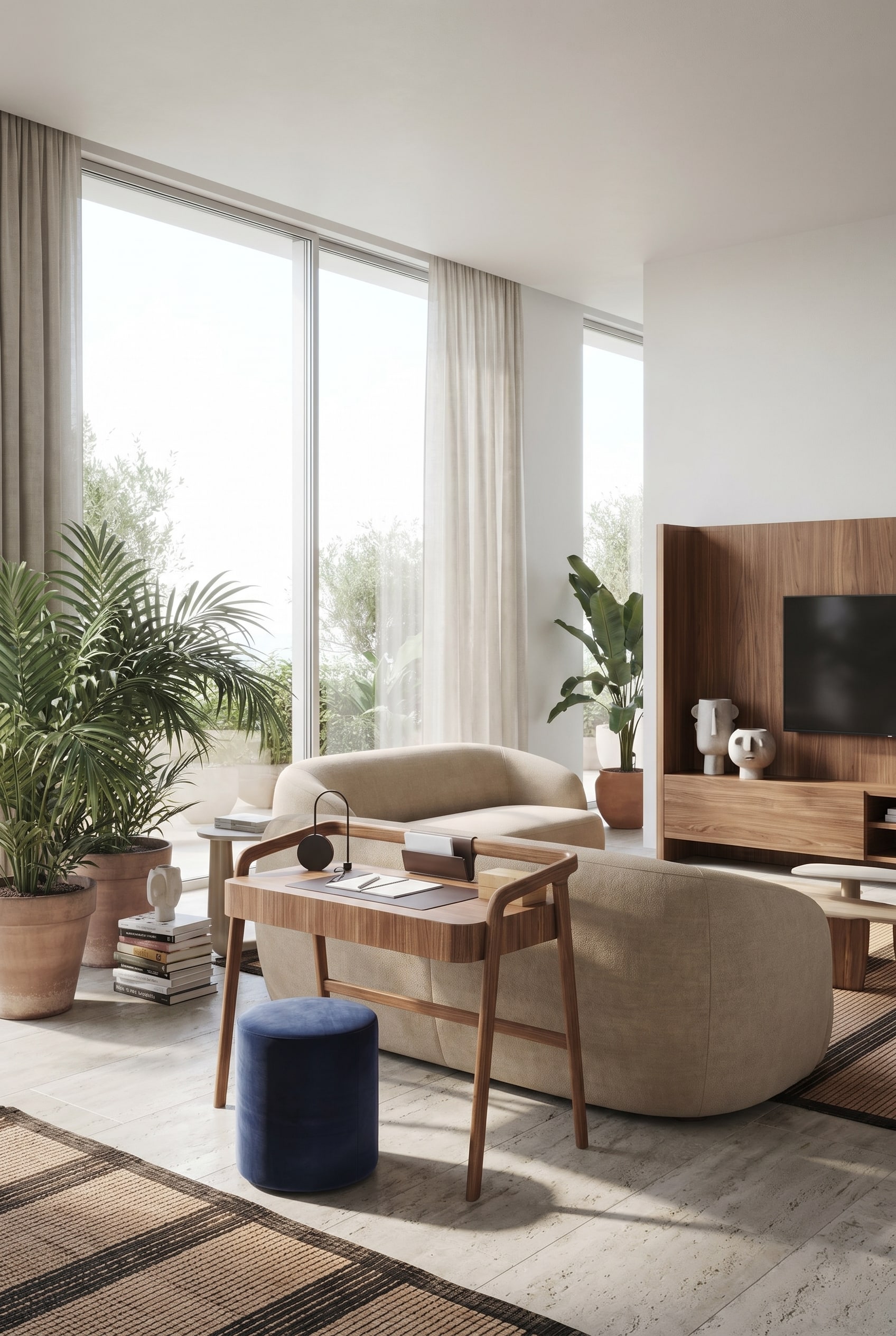 Minimalistisches Wohnzimmer mit elegantem Walnussholz Schreibtisch und beigem Polsterhocker