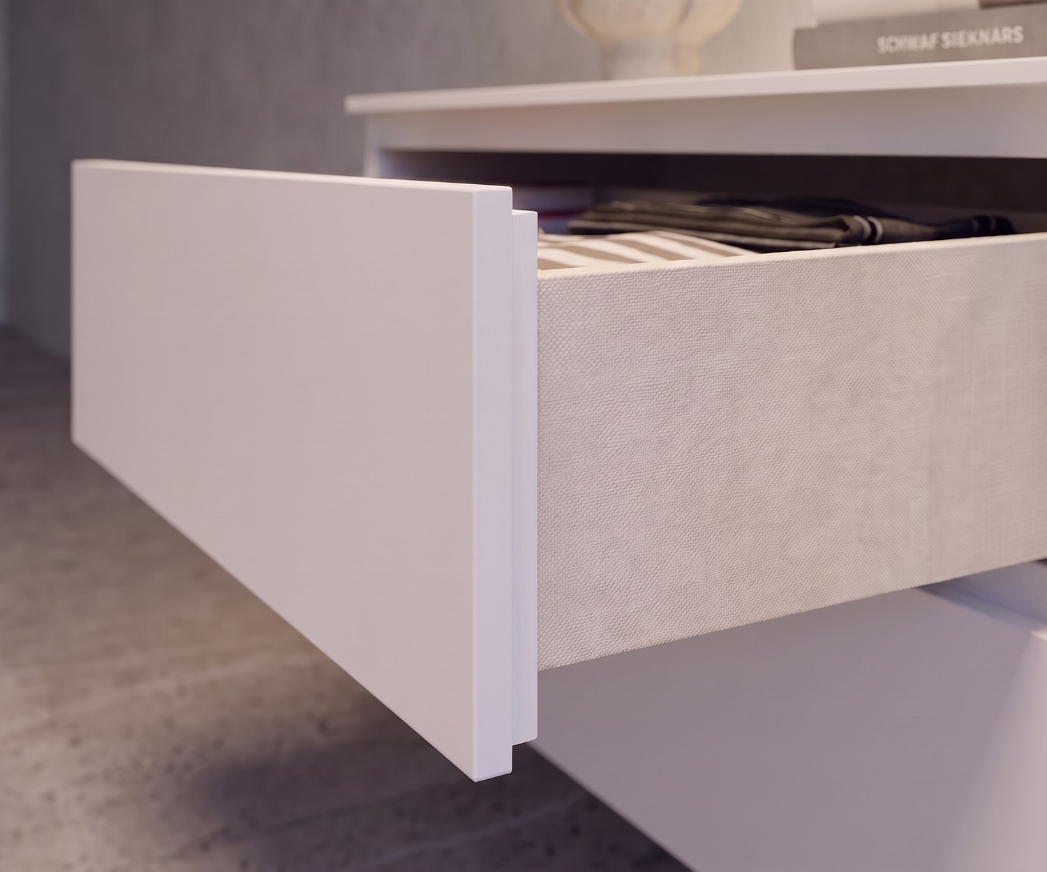 Novamobili Easy Hängekommode mit geöffneter Schublade, stilvolles Innenfutter in Stoffoptik, minimalistisches Design