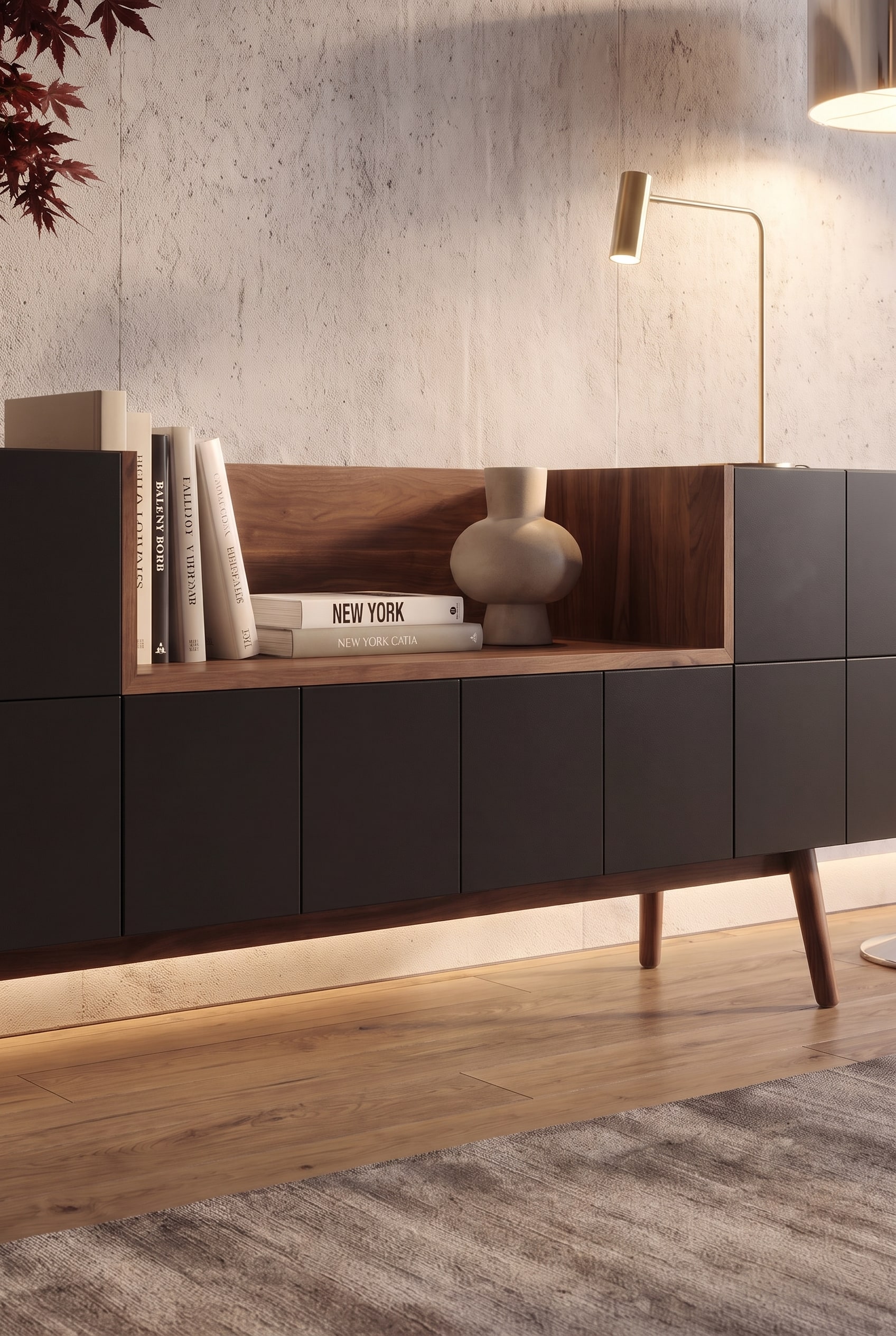 Nahaufnahme des Sideboards mit B&uuml;chern, Keramikvase und einer eingeschalteten goldenen Tischleuchte, die das Holz warm anstrahlt.