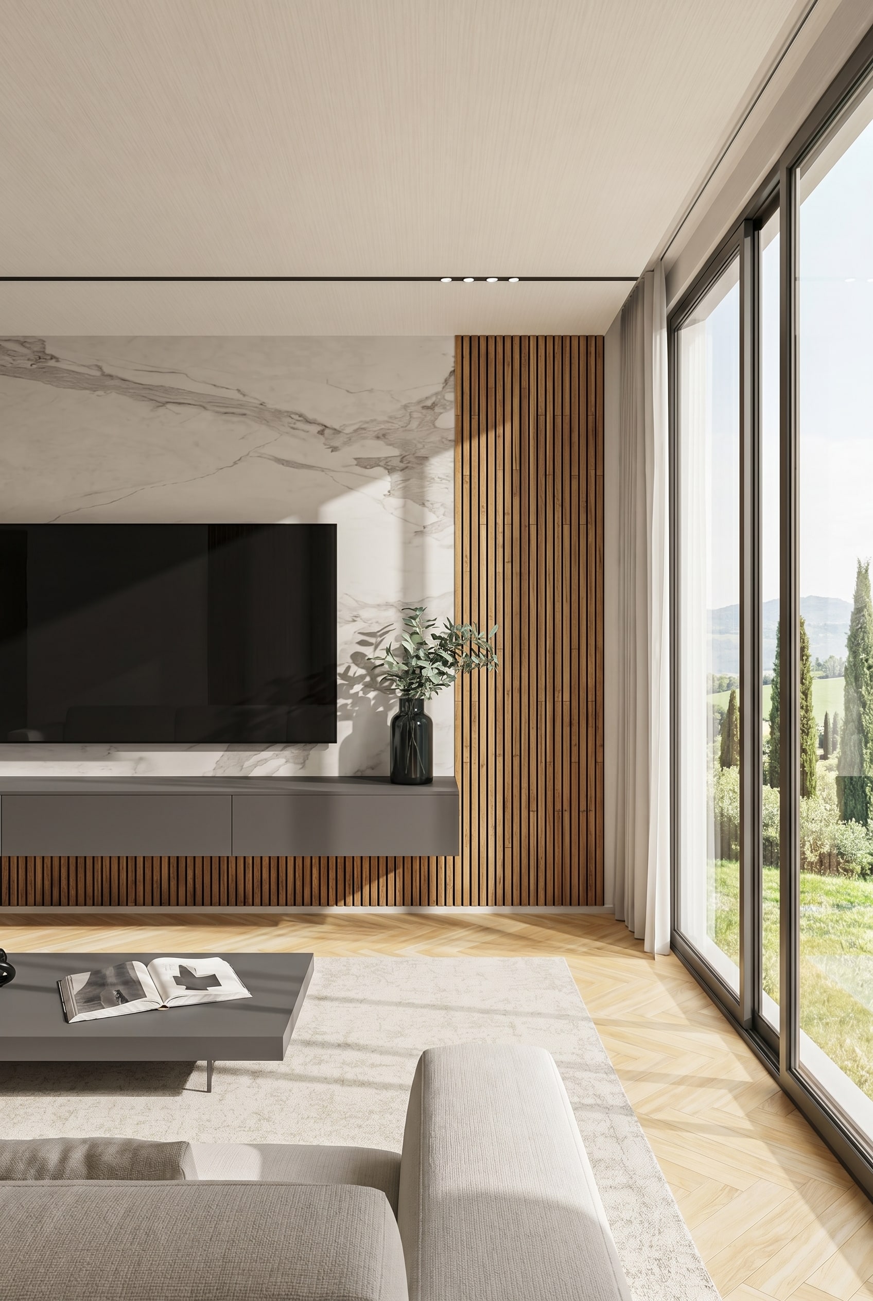 Elegante Wohnwand mit vertikalen Holzlamellen und heller Keramikfl&auml;che im Fr&uuml;hlingslicht