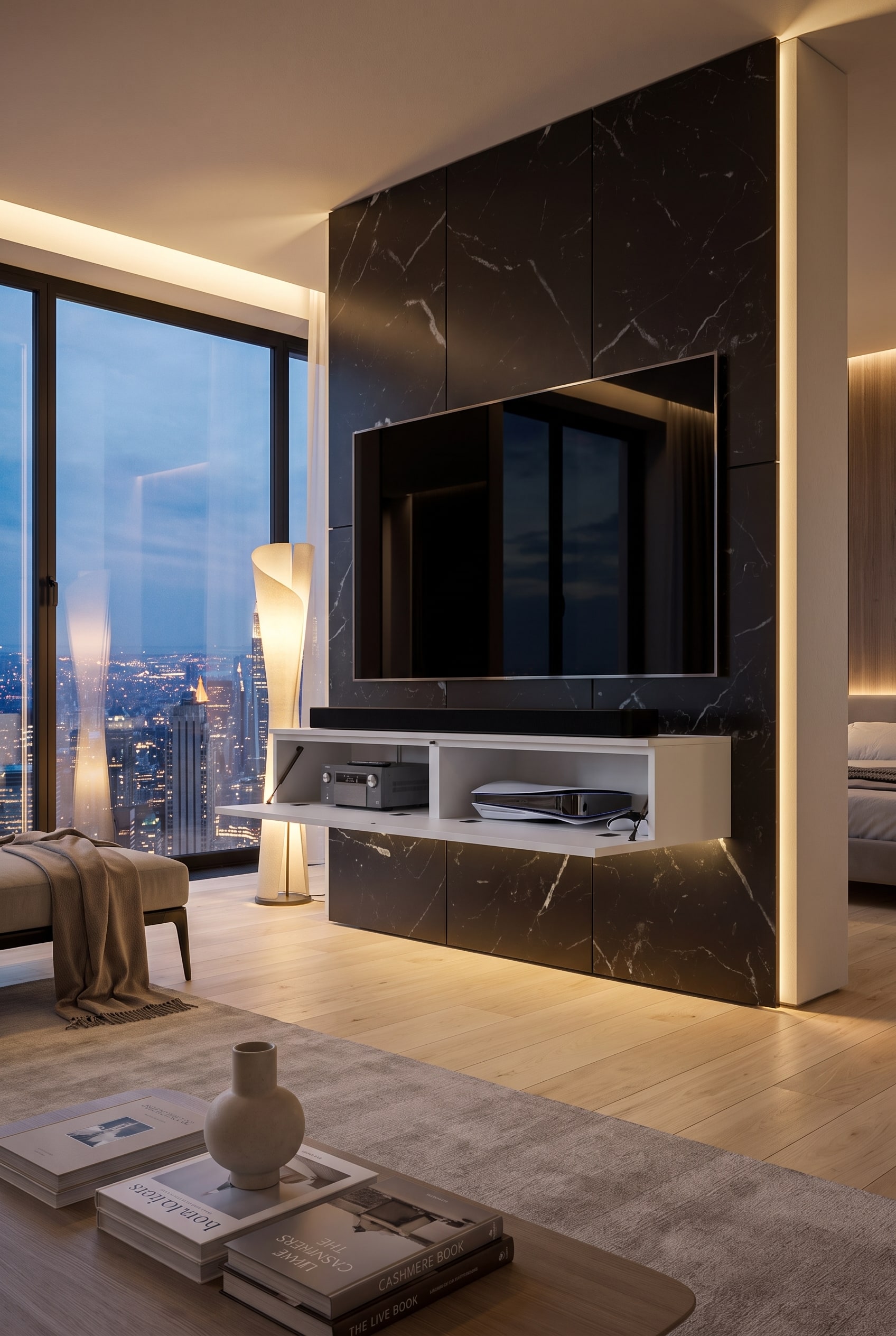 Vue d'un meuble bas moderne avec gestion intelligente des c&acirc;bles, s&eacute;parant &eacute;l&eacute;gamment la technologie et l'espace de rangement.