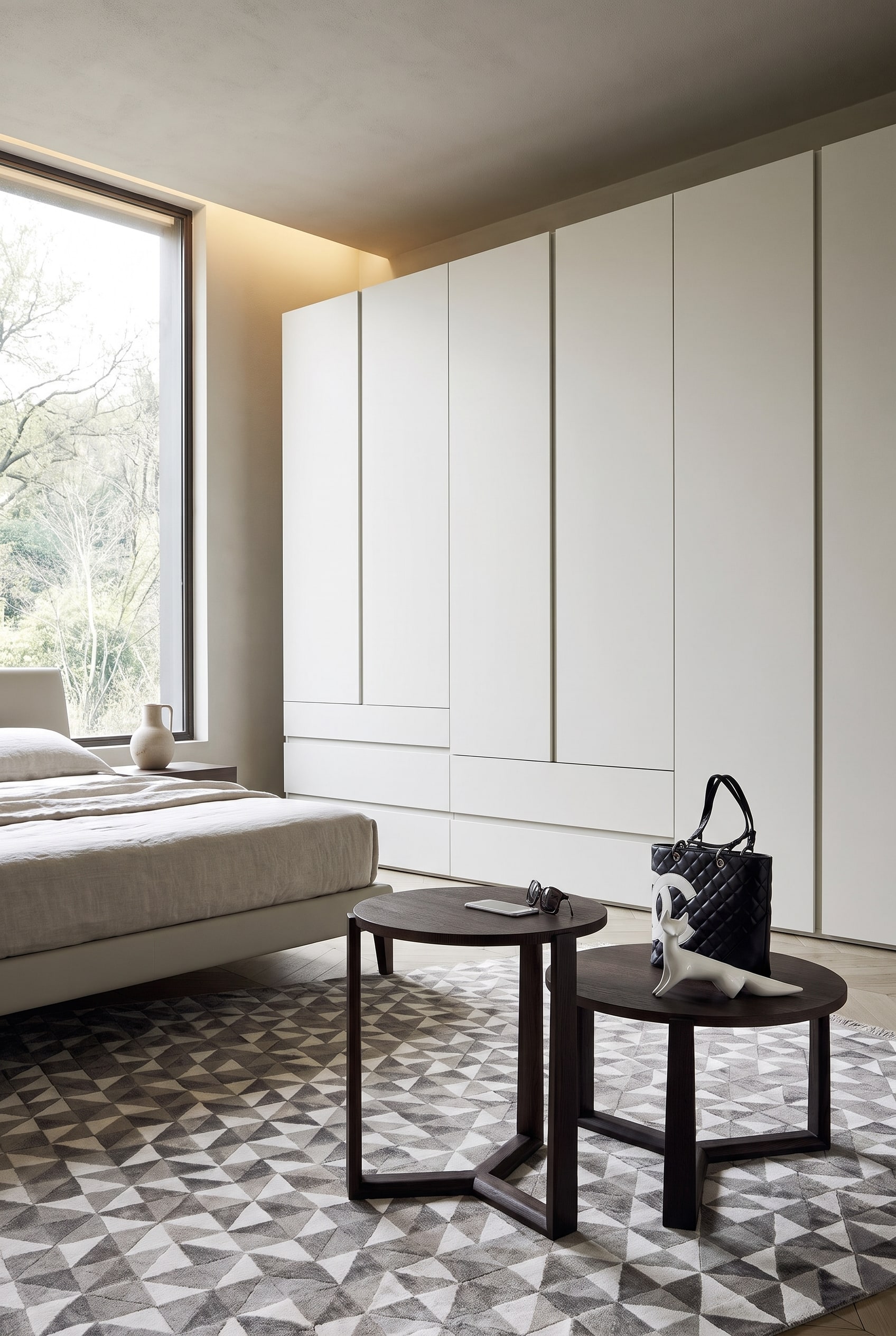Chambre élégante avec armoire Livitalia sur mesure à façades mates claires et lignes asymétriques