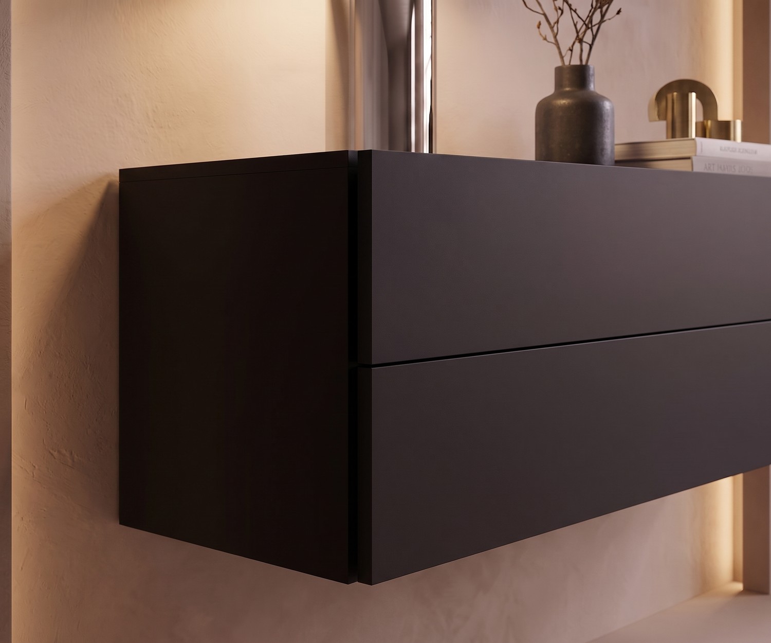 Novamobili Hängekommode Easy in mattem Schwarz Hängekommode fürs Schlafzimmer Easy von Novamobili in mattem Schwarz mit zwei Schubladen, modernes Design.