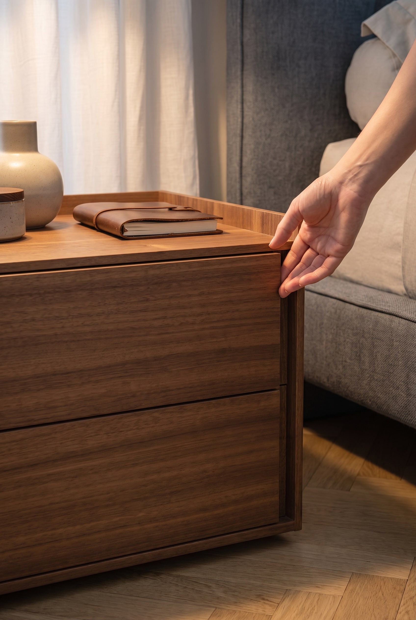 Une table de chevet moderne sans poignée avec une poignée encastrée élégamment fraisée, qui séduit par son design minimaliste.