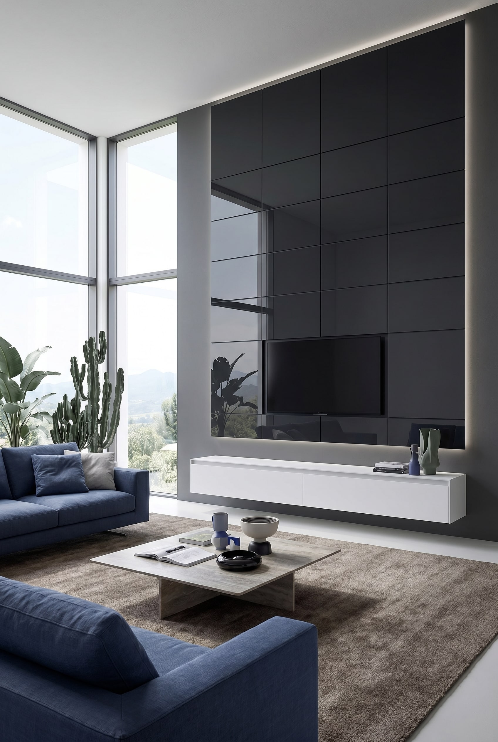 Meuble TV bas blanc sans poignée devant un mur anthracite avec Smart TV intégrée de manière affleurante