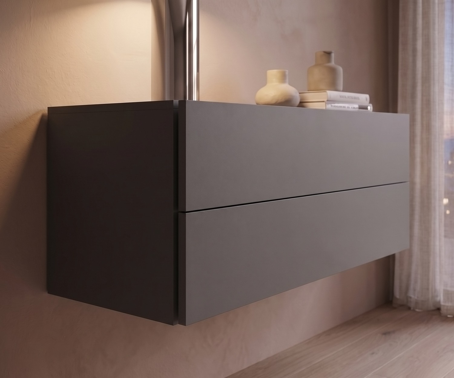 Hängekommode Easy von Novamobili fürs Schlafzimmer in Quarzgrau. Minimalistische schwebende Kommode mit zwei Schubladen.