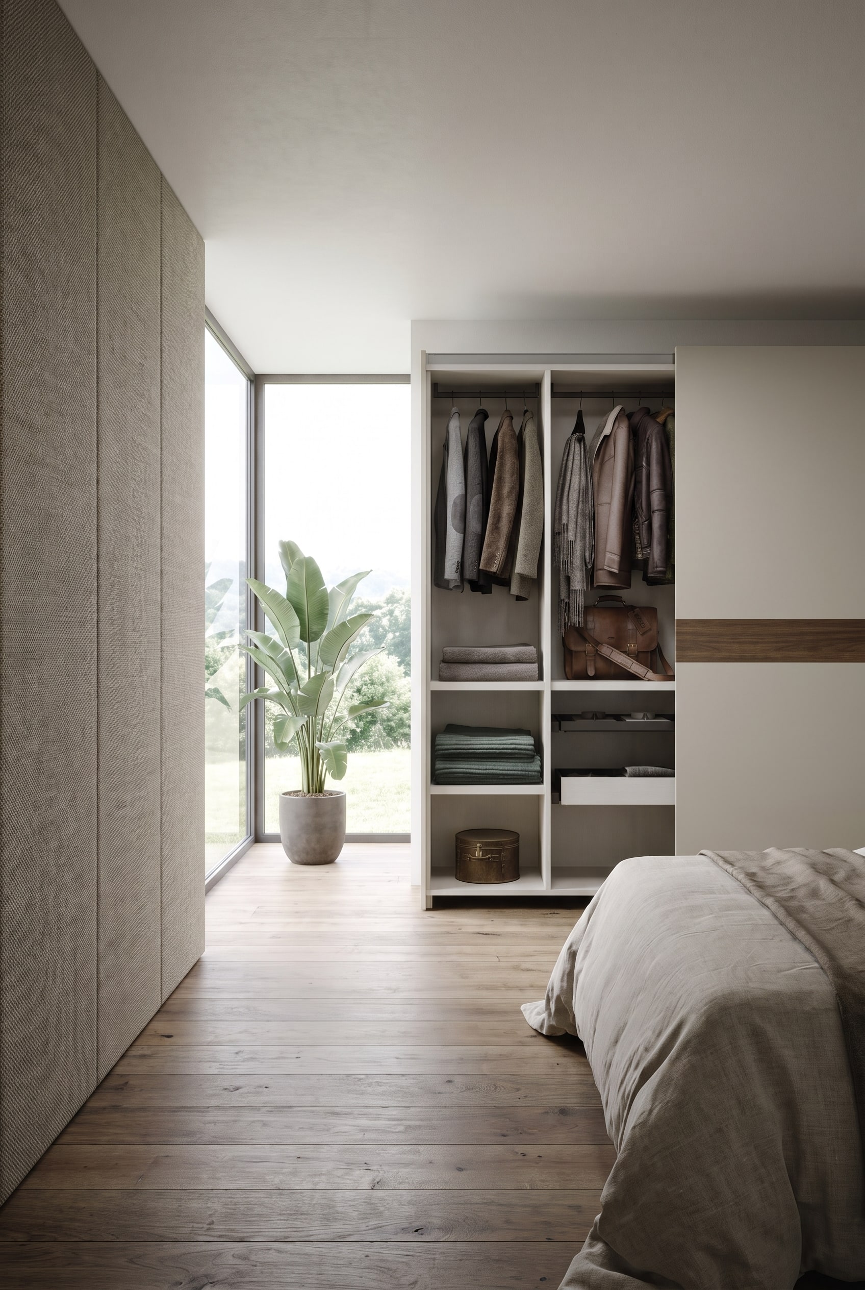 Schlafzimmer mit gro&szlig;fl&auml;chigem Kleiderschrank mit glatten Schiebet&uuml;ren gegen&uuml;ber einem textilen Wandpaneel