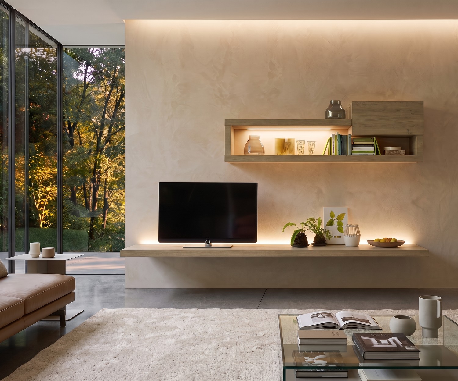 Livitalia TV Wandboard als hängendes Lowboard im minimalistischen Wohnzimmer aus hellem Holz mit LED-Beleuchtung.