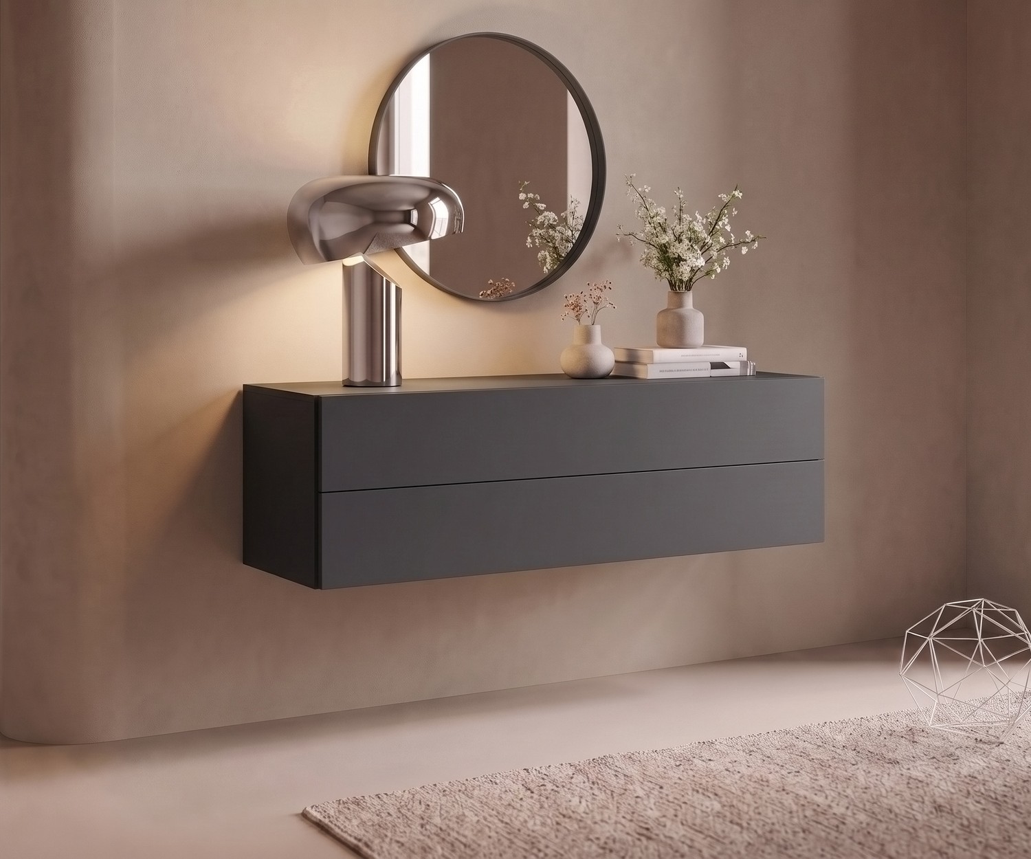 Hängekommode Easy von Novamobili als schwebendes Sideboard im Flur, Anthrazit-Dunkelgrau, moderner minimalistischer Stil.