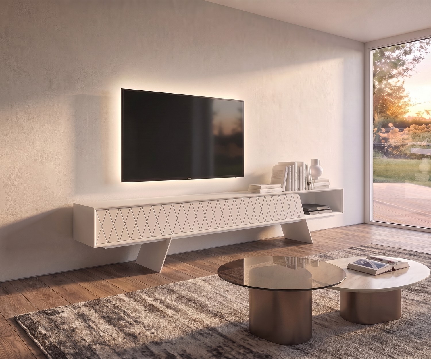 Meuble TV bas design al2 e-klipse 008 avec motif losanges Meuble TV bas al2 e-klipse 008 blanc avec motif de losanges, salon moderne avec télévision murale et table basse.