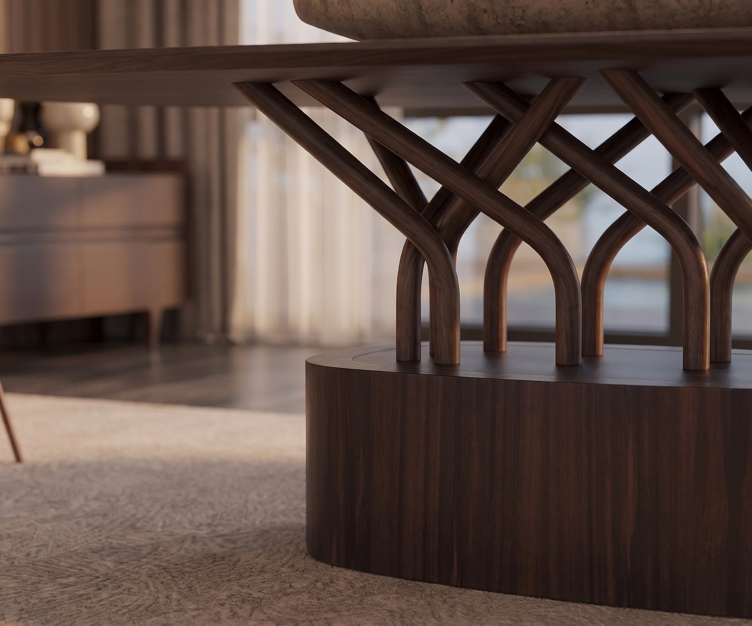 al2 wood-oo 001 a Design Esstisch mit kunstvollem Fuß al2 wood-oo 001 a Esstisch im Esszimmer mit kunstvollem Holz-Fußgestell im modernen Stil auf beigem Teppich