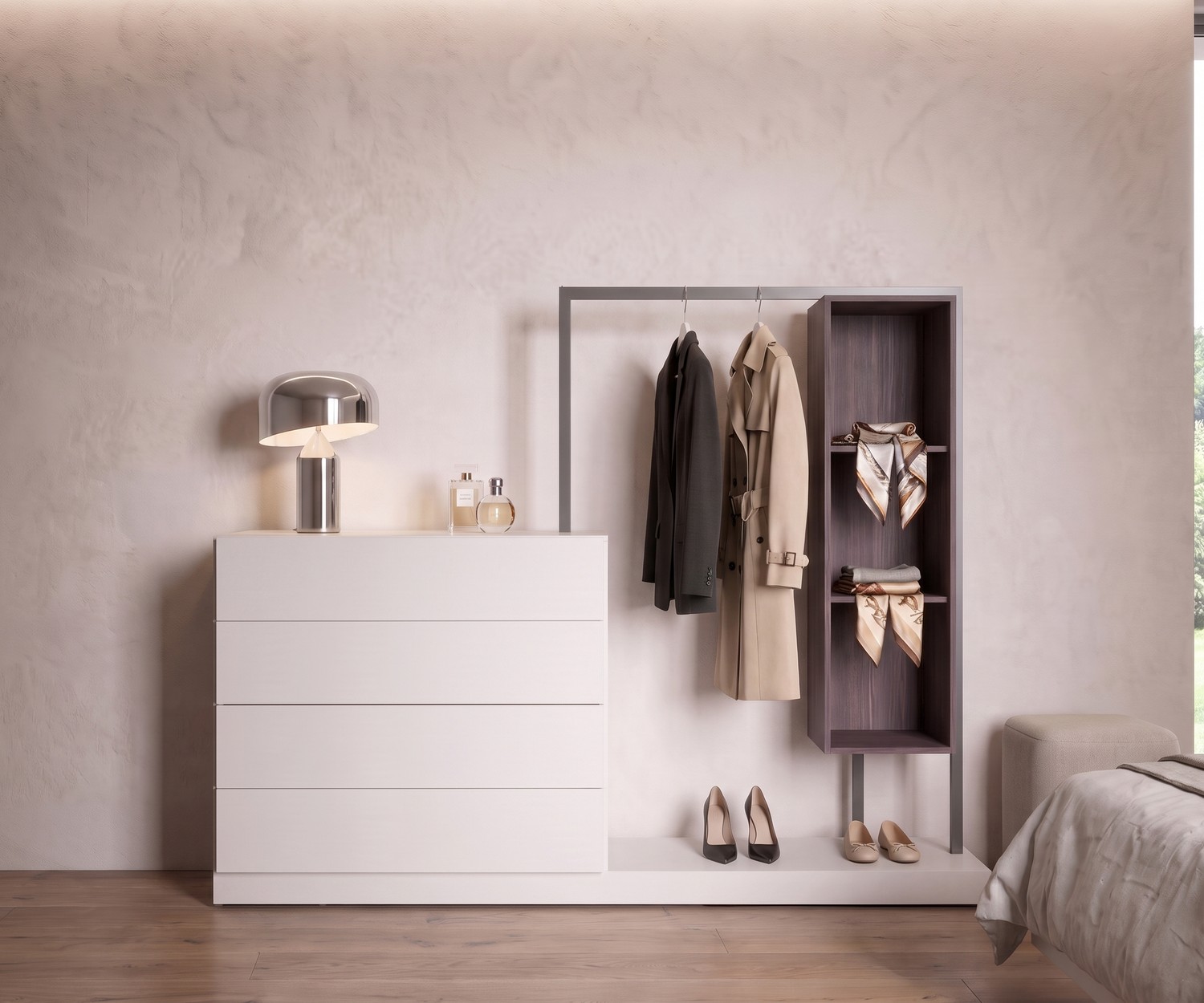 Commode avec penderie Easy 4 de Novamobili, valet blanc moderne pour entrée ou chambre avec tringle et étagère en bois.