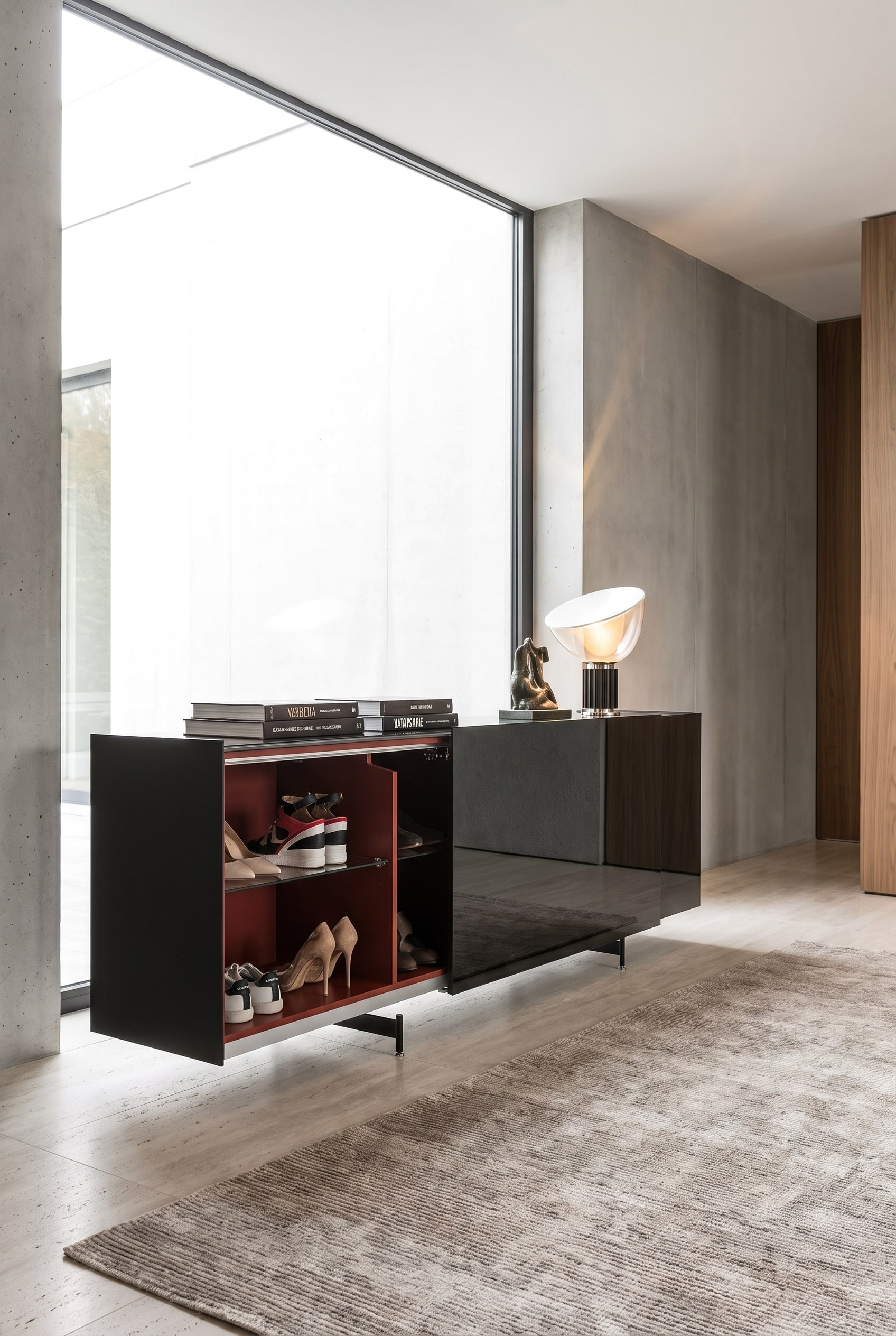 Grande entr&eacute;e avec un buffet design miroir, des livres d'art empil&eacute;s et une sculpture