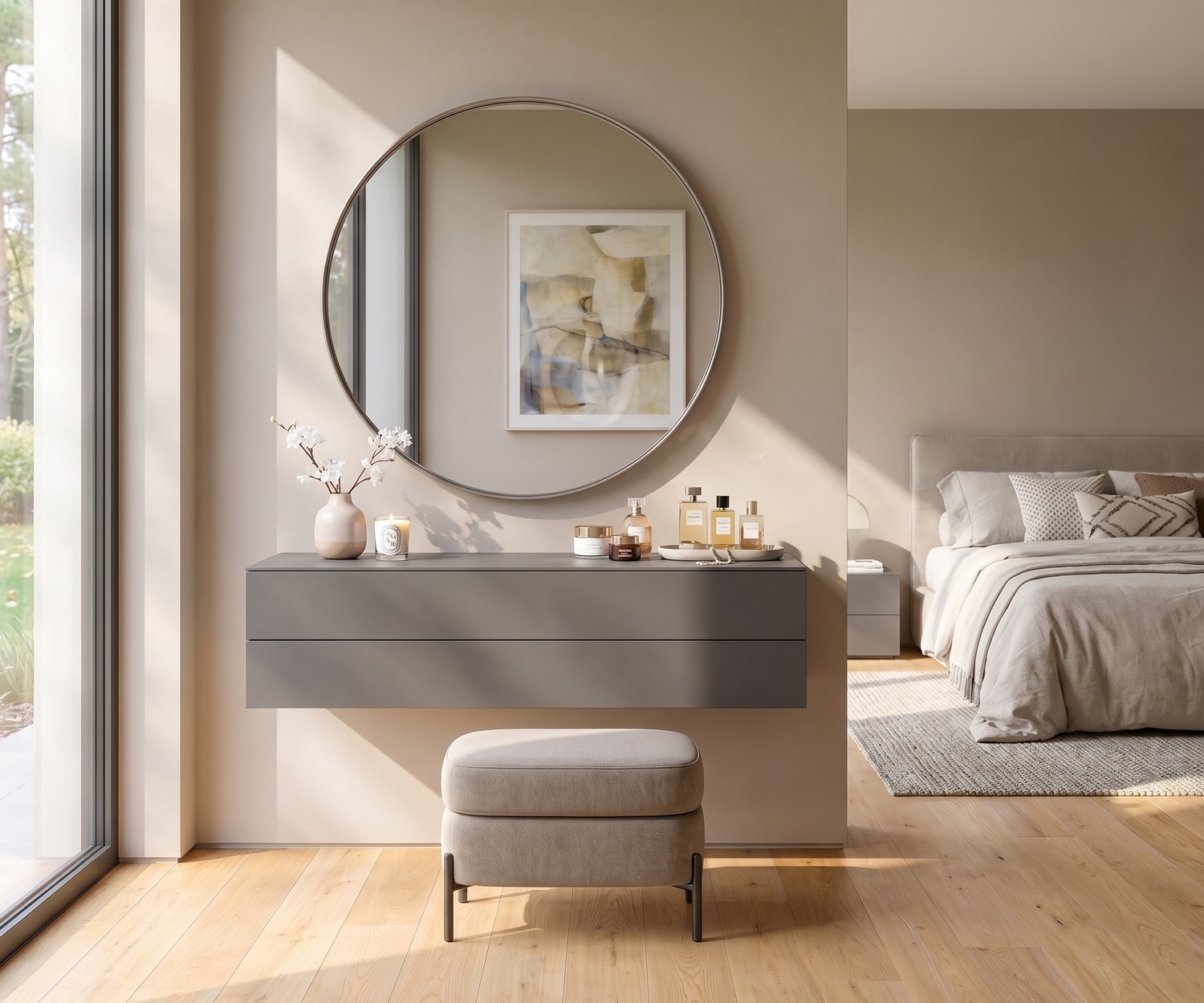 Hängekommode Easy von Novamobili mit 2 Schubladen im modernen Schlafzimmer, grau lackiert mit großem Wandspiegel und Hocker.