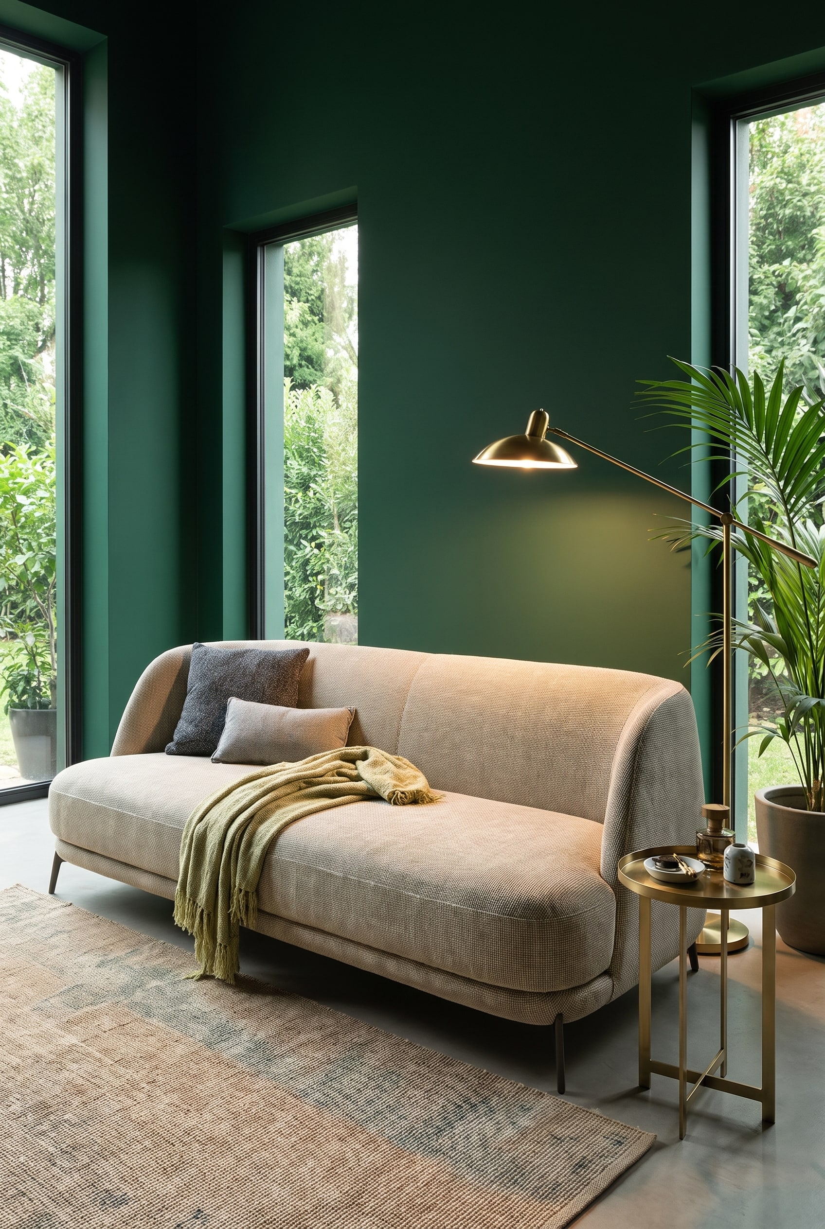 Salon &eacute;l&eacute;gant avec des murs vert profond, de grandes fen&ecirc;tres et un canap&eacute; beige clair avec des dossiers arrondis