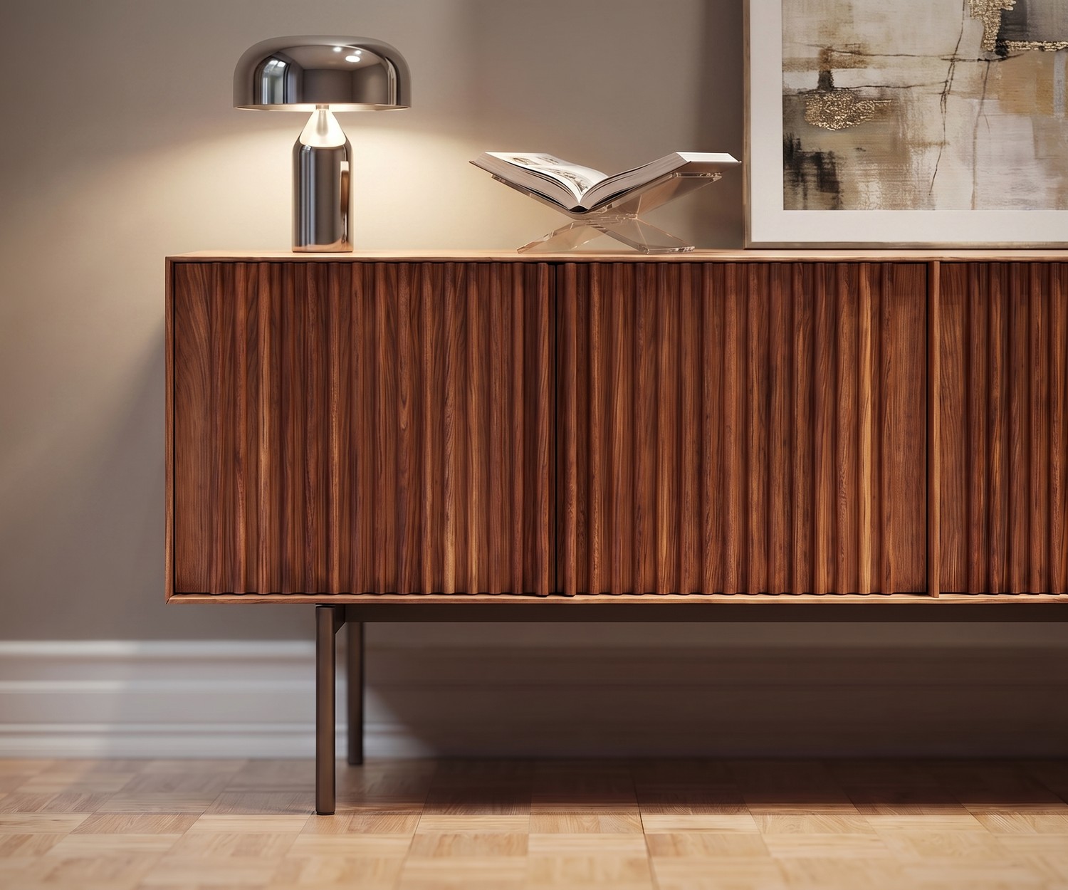 Buffet design al2 ka-bera 003 A en noyer avec portes à lamelles, meuble de rangement élégant pour salon moderne.