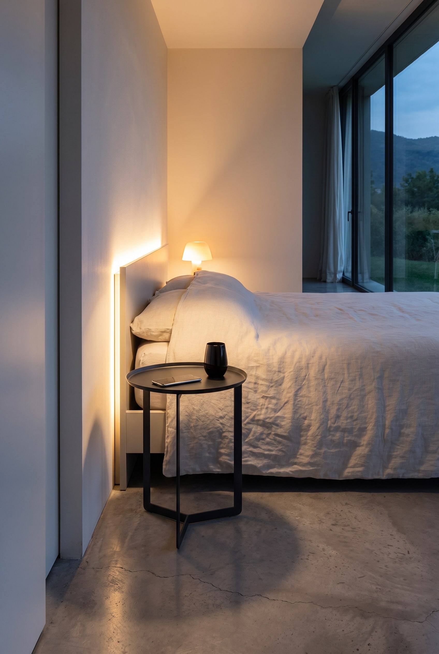 Chambre &agrave; coucher moderne tr&egrave;s &eacute;troite avec la d&eacute;licate table d'appoint MEME Design Round en m&eacute;tal noir dans la niche