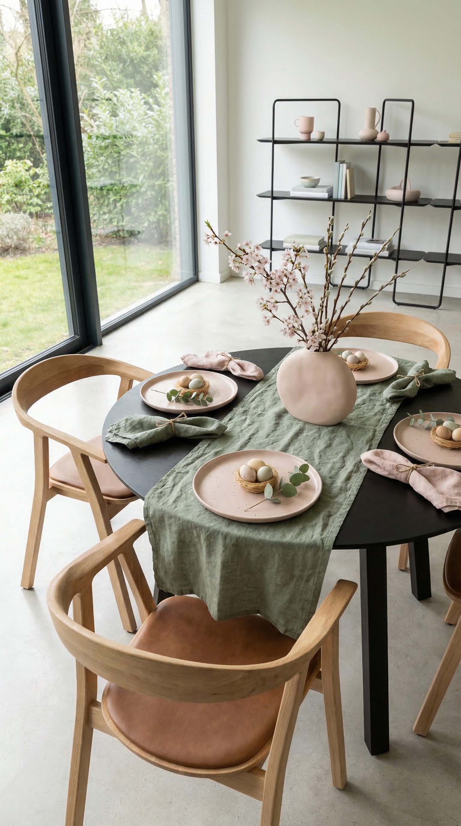 Une table à manger festive pour le brunch de Pâques en vert sauge et rose devant de grandes fenêtres. Une table à manger festive pour le brunch de Pâques en vert sauge et rose devant de grandes fenêtres.