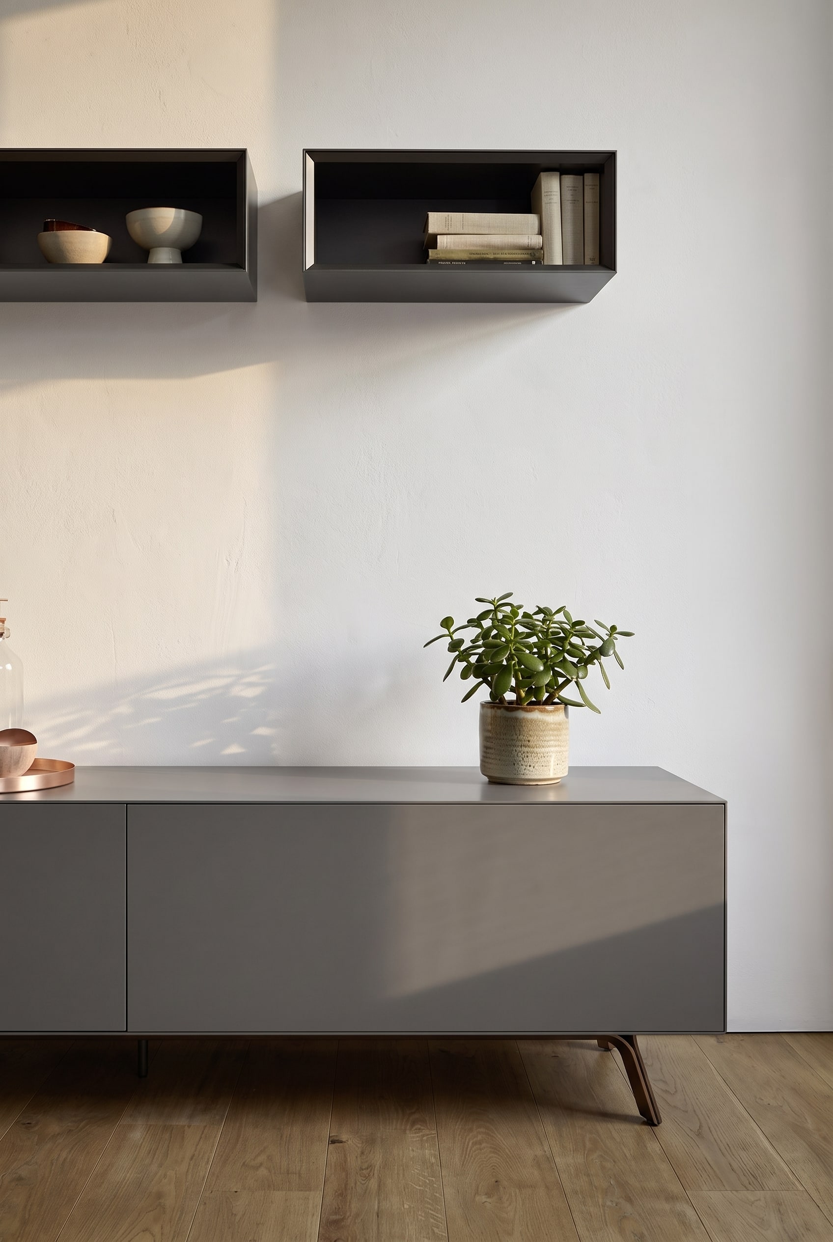 Meuble haut mat avec fa&ccedil;ades sans poign&eacute;e dans un couloir moderne, avec une petite plante d'int&eacute;rieur dessus