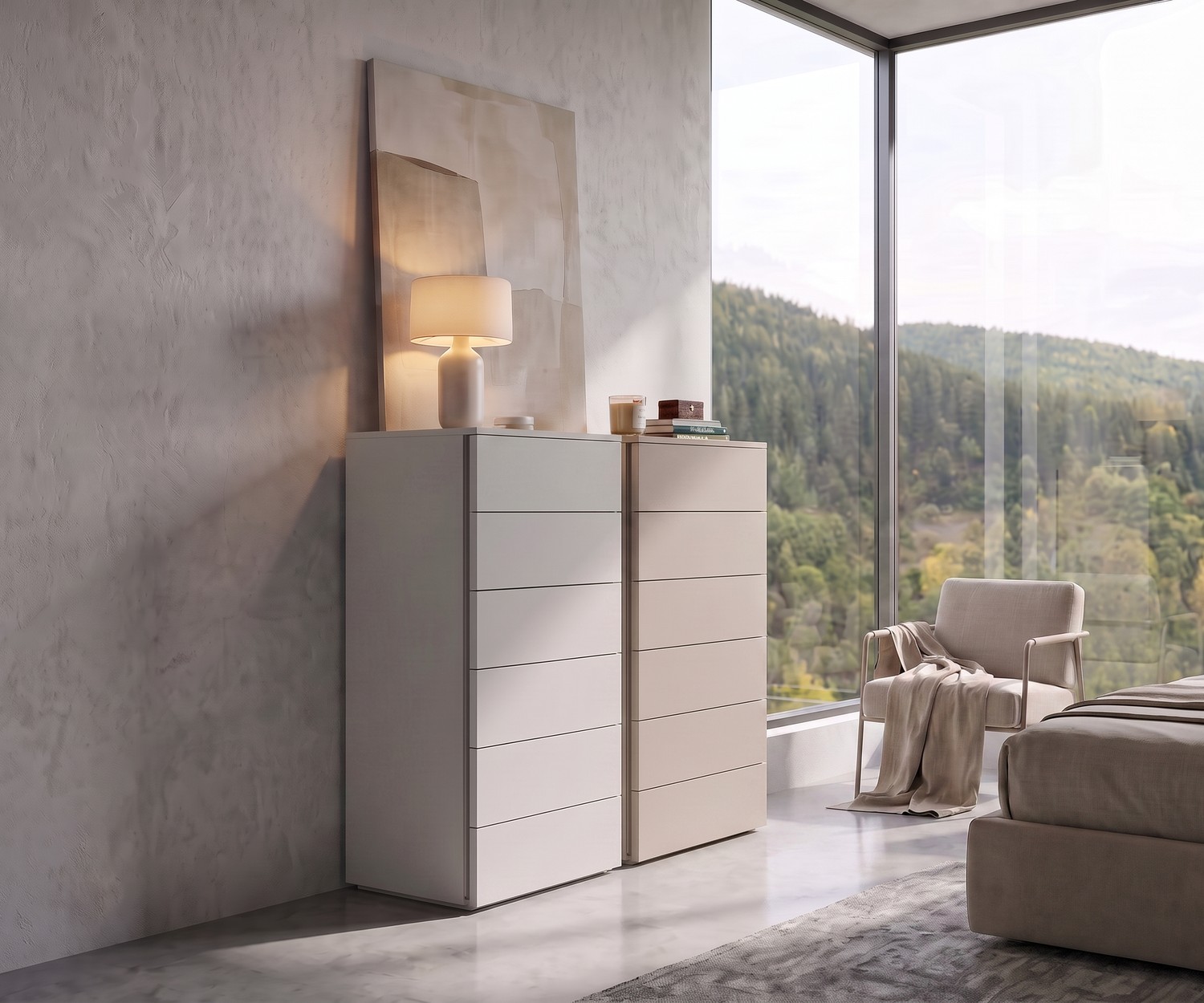 Chiffonnier haut Atena par Livitalia pour la chambre, commodes minimalistes à 6 tiroirs en blanc et beige, style moderne.