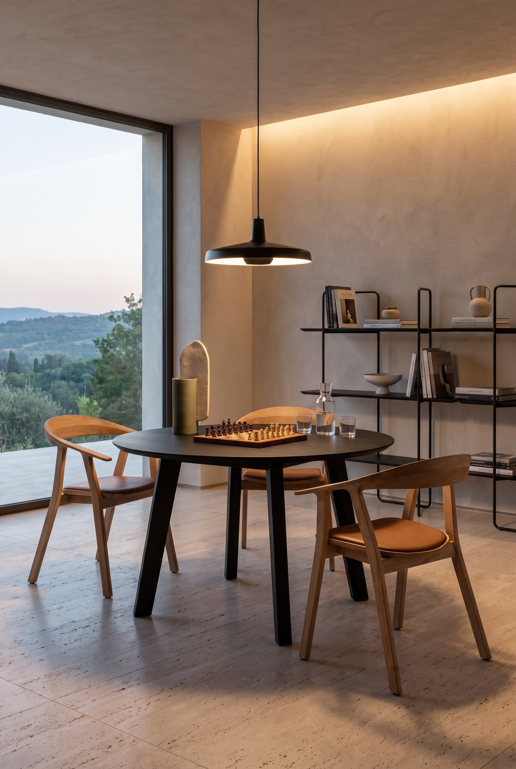 Salle à manger minimaliste avec une table ronde en bois noir et trois chaises en chêne devant une étagère ouverte en métal noir
