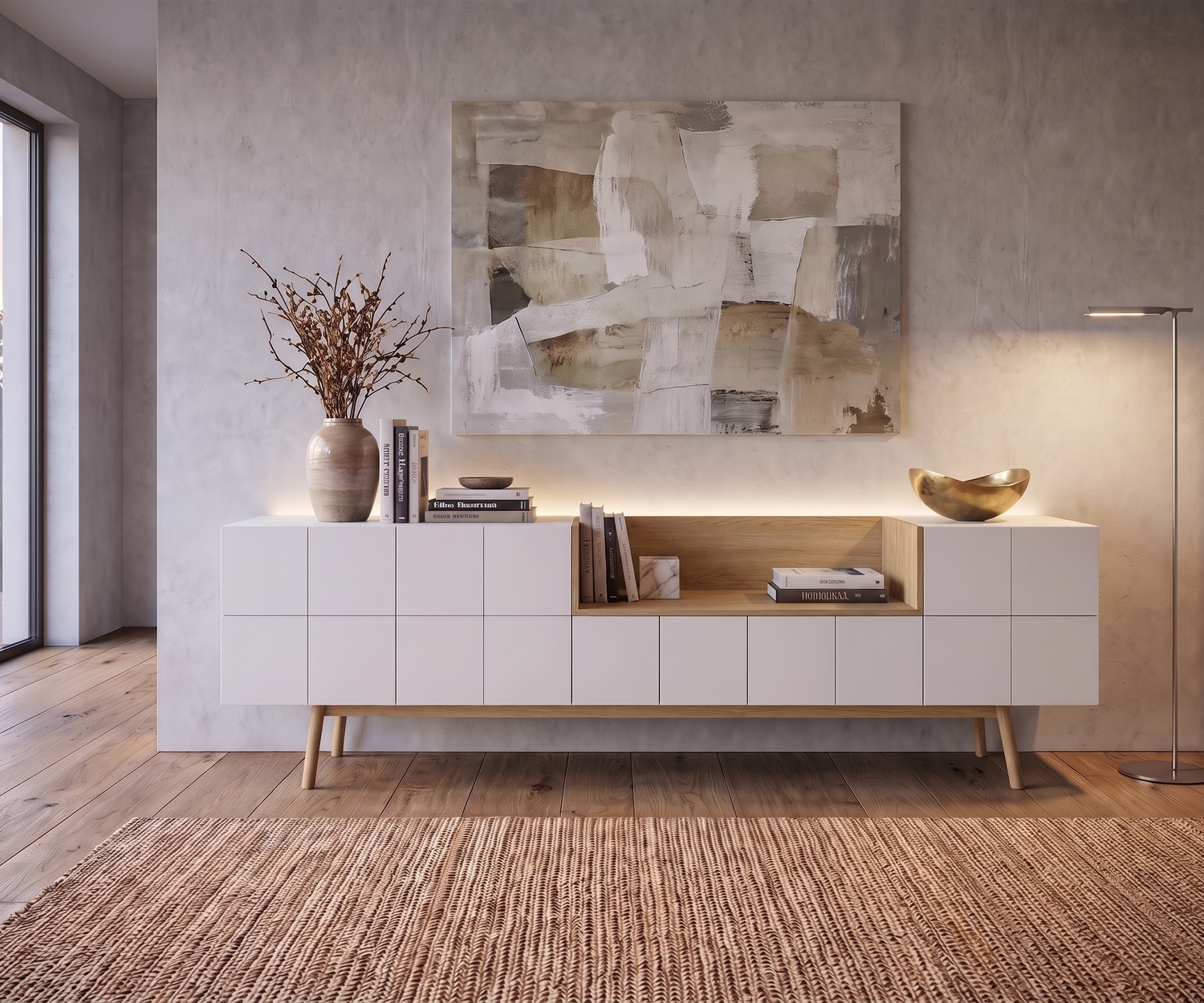 al2 Design Sideboard MOS-I-KO 003 A in Weiß und Holz Design Sideboard MOS-I-KO 003 A für das Wohnzimmer in Weiß matt und Holz, im Retro-Look mit offenem Fach und Deko.