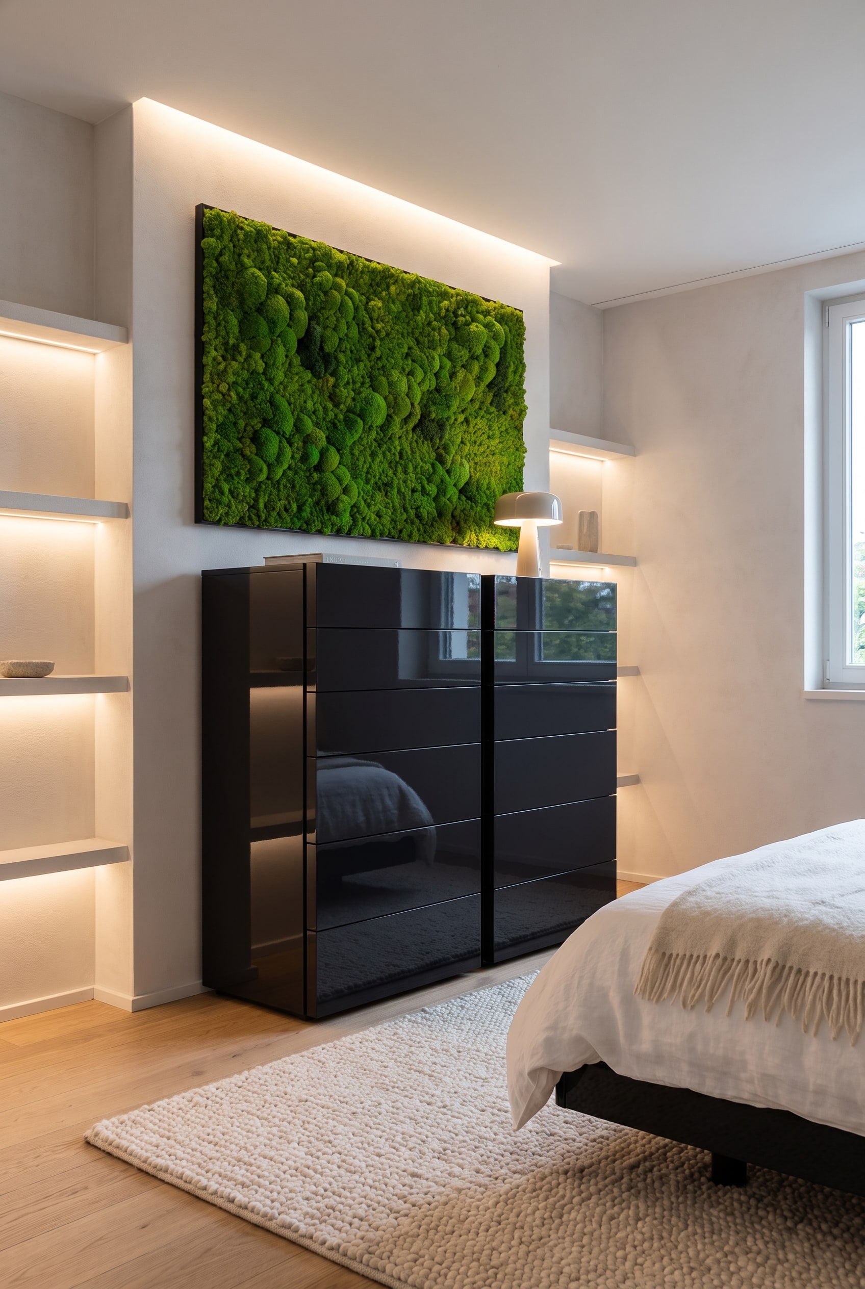 Une commode haute noire avec une surface brillante dans une chambre lumineuse, décorée d'un tableau en mousse.