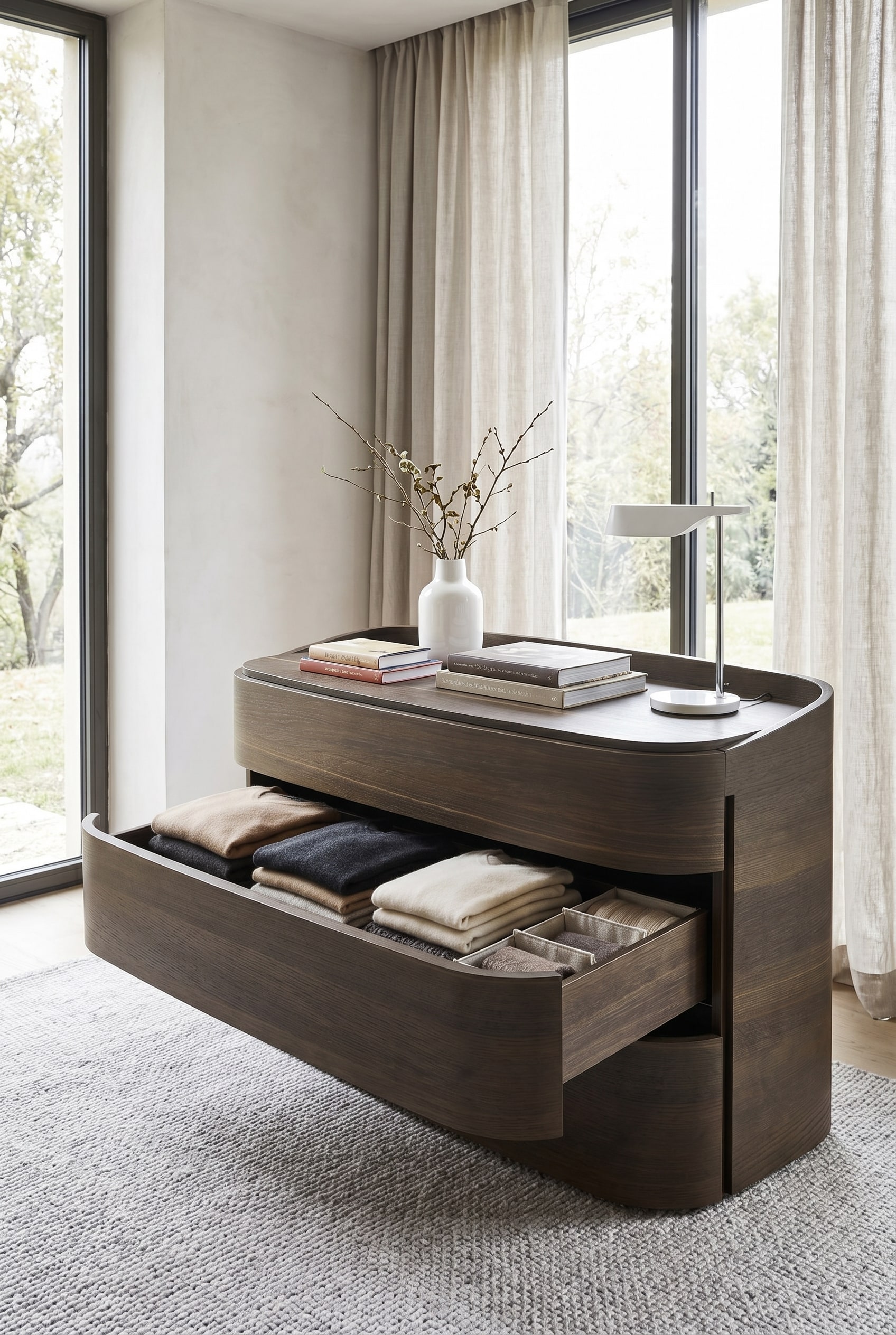 Chambre &eacute;l&eacute;gante avec commode en bois massif et arrondie
