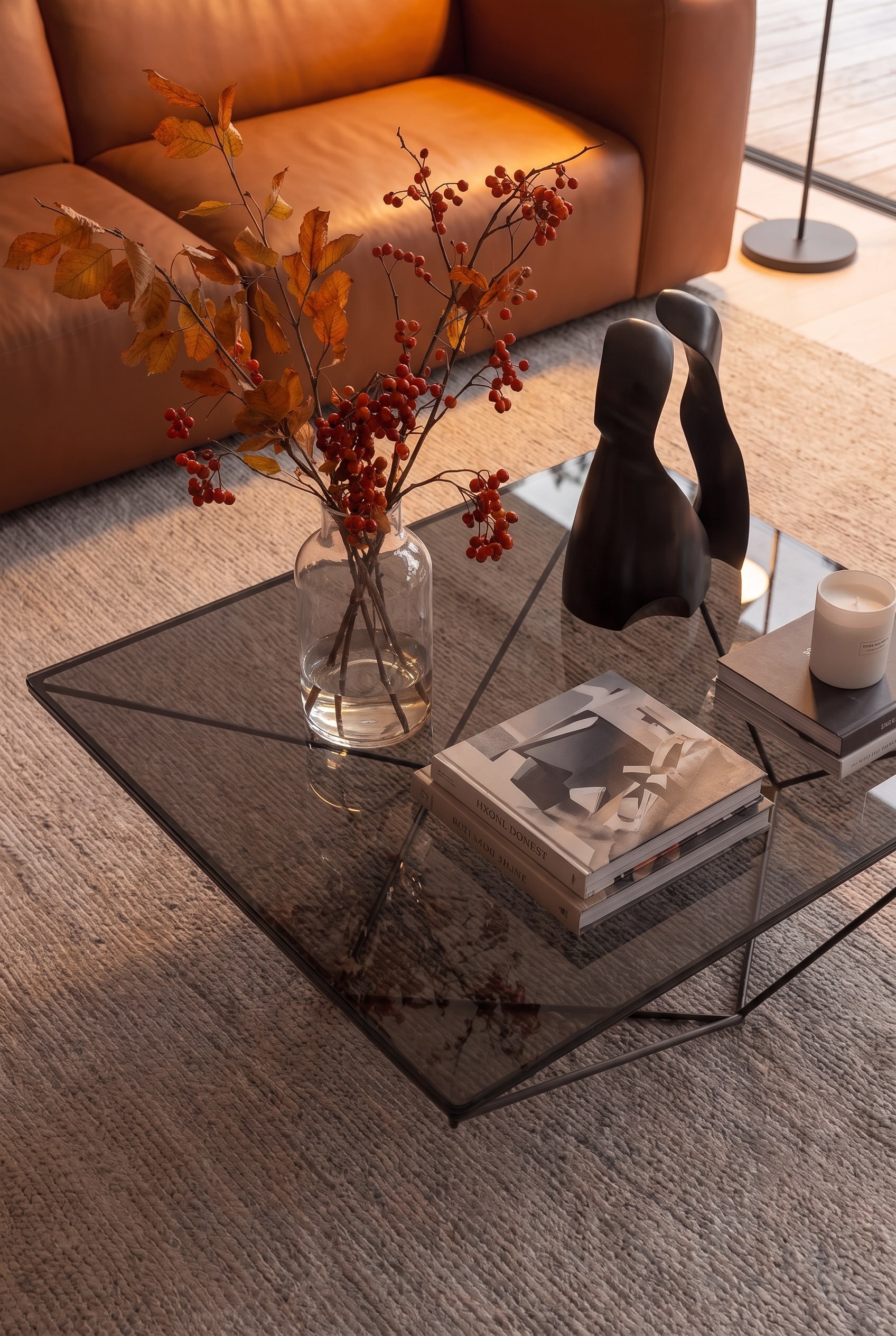 Vue plongeante sur une table basse de designer carr&eacute;e avec une d&eacute;coration asym&eacute;triquement arrang&eacute;e de livres, une bougie et un vase en verre organique
