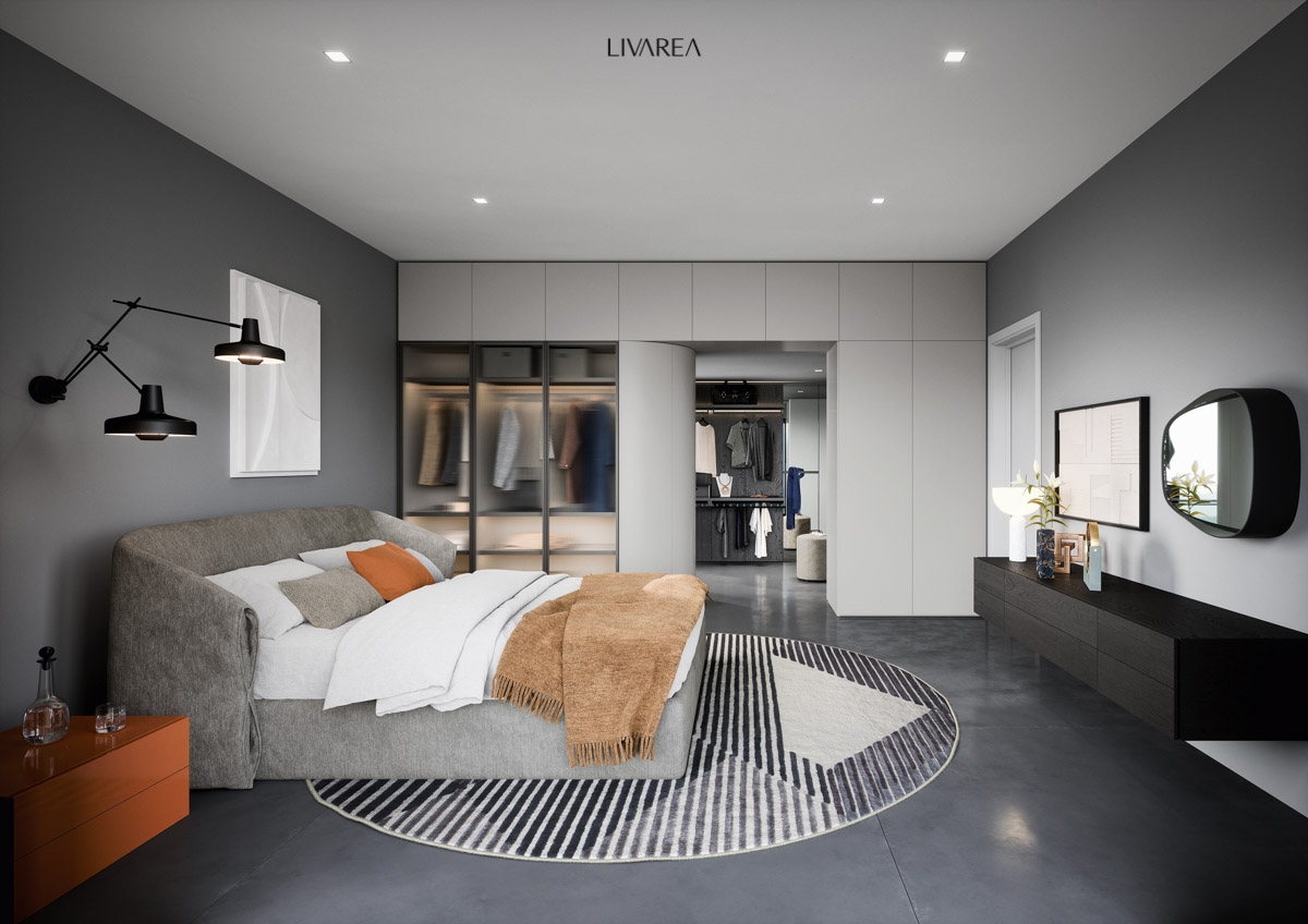 Schlafzimmer mit separatem Ankleidezimmer nach Maß mit gerippten Glastüren und Polsterbett Schlafzimmer mit separatem Ankleidezimmer nach Maß mit gerippten Glastüren und Polsterbett