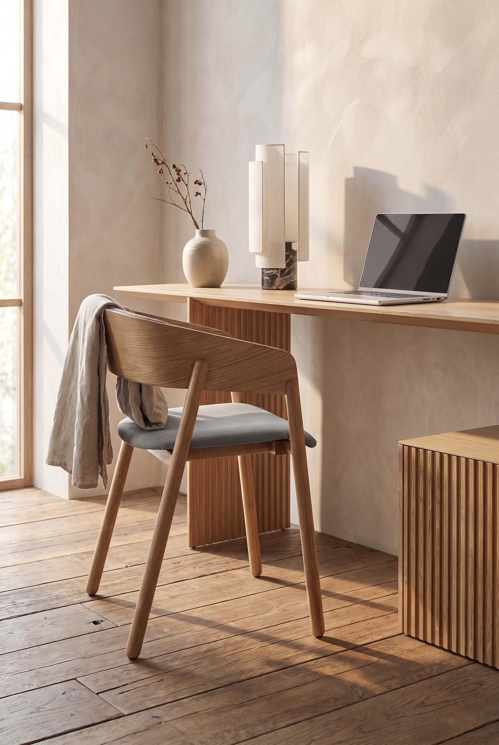 Chaise en bois massif Punt Mava détaillée dans une pièce chaleureuse en bois pur, sans aucune surface technique en métal ou en chrome