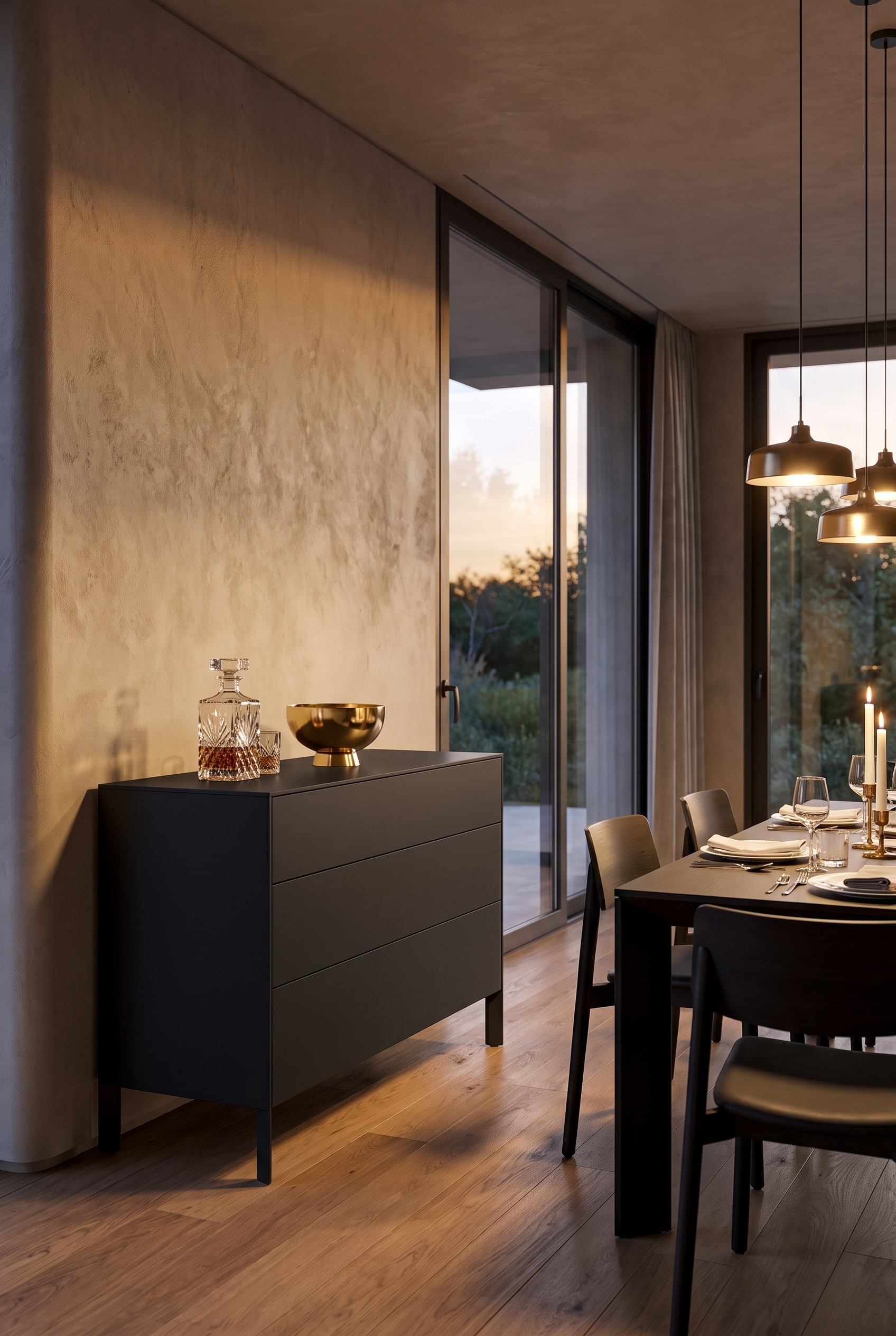 Matte schwarze Kommode im eleganten Esszimmer mit gl&auml;nzender Deko auf warmem Eichenparkett