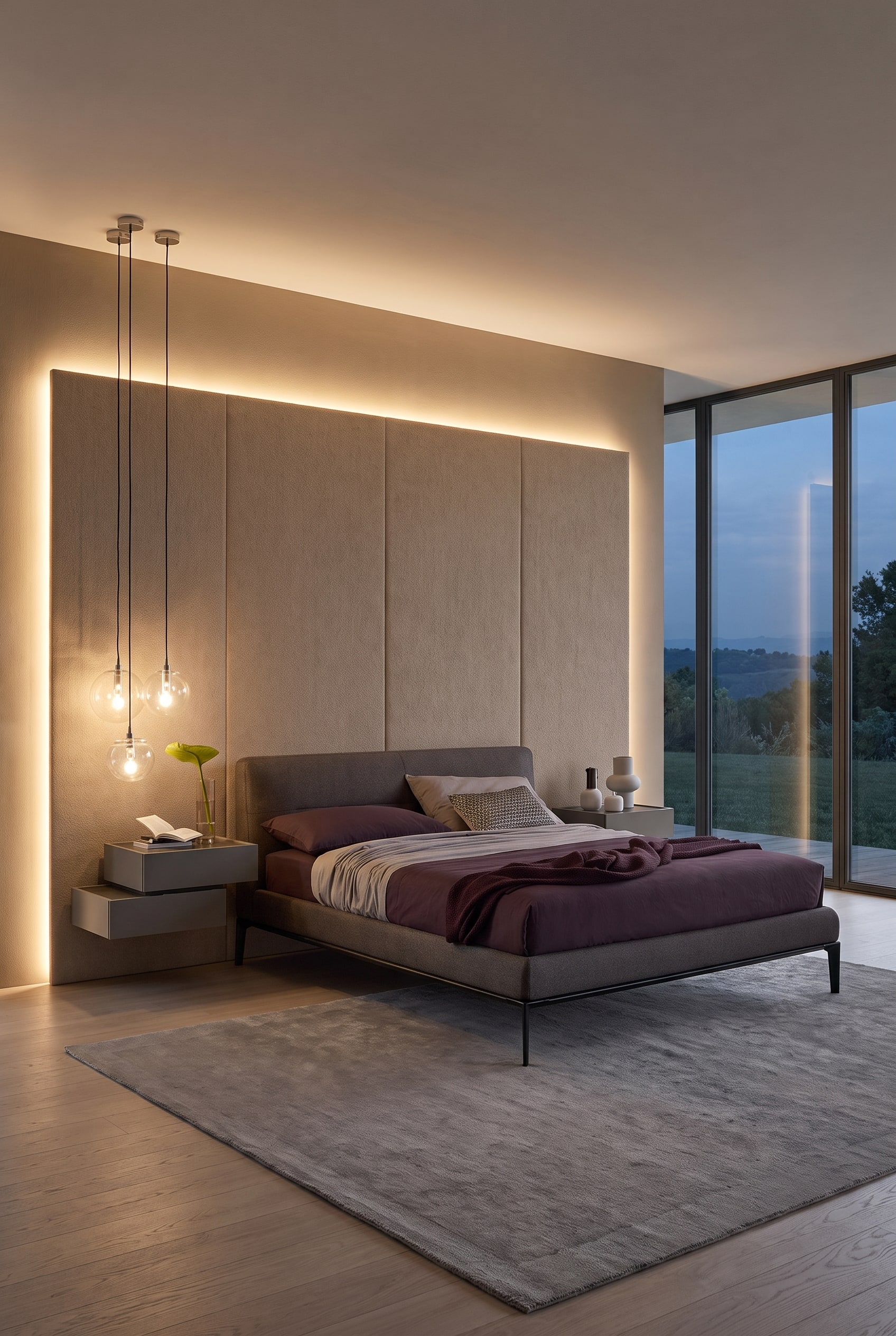 Weitläufiges Schlafzimmer mit elegantem Polsterbett und einem übergroßen breiten Wandpaneel aus Stoff