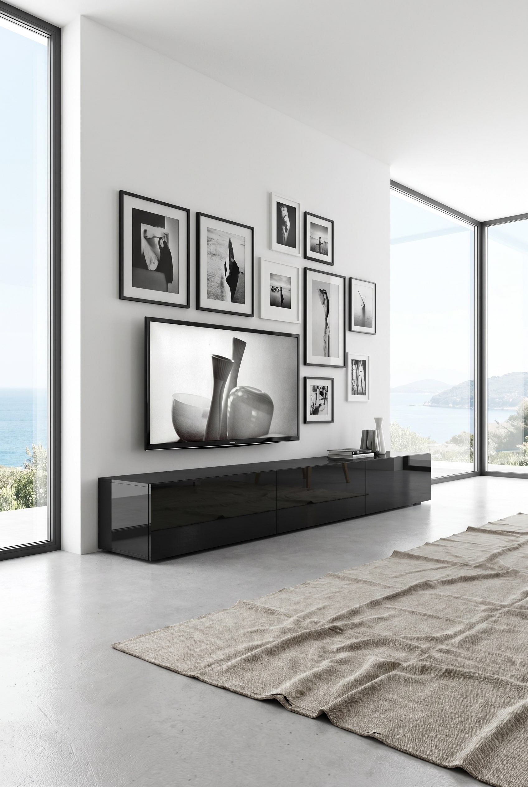Schwarzes Hochglanz-Lowboard mit 300cm Breite als elegante Basis f&uuml;r einen Bildschirm im modernen Luxus-Interieur