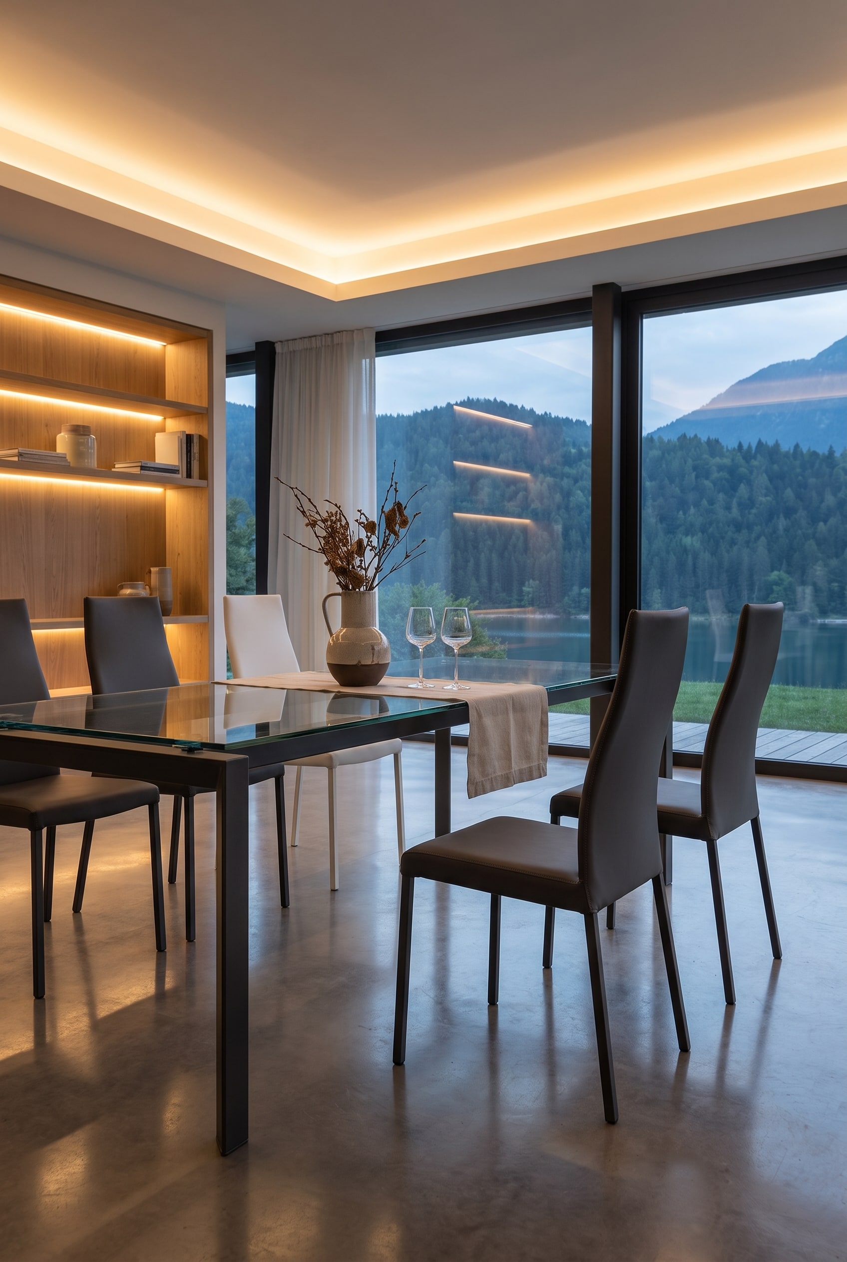 Modernes Esszimmer mit Glastisch, wei&szlig;en Ozzio Lederst&uuml;hlen und dezenter indirekter Beleuchtung