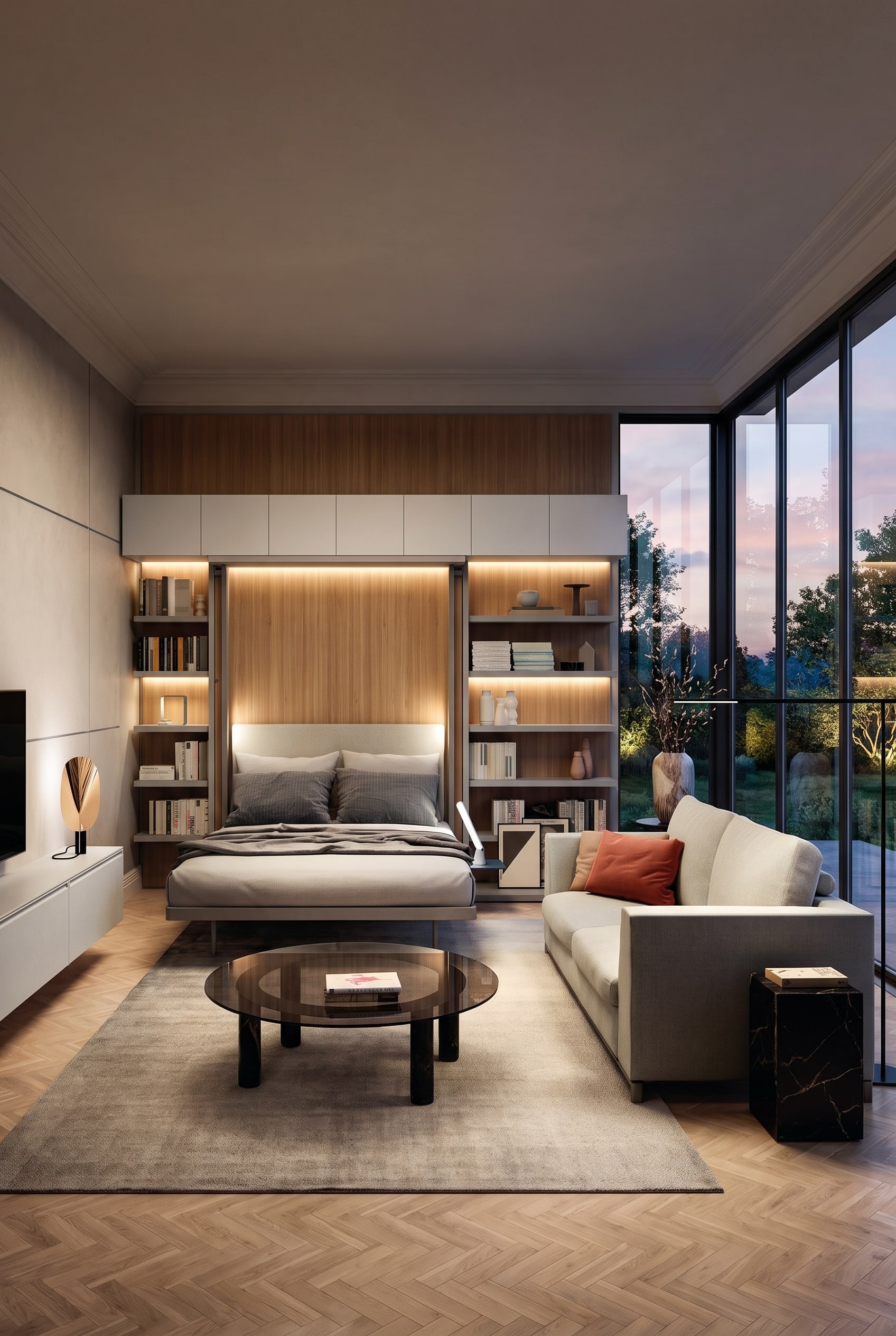 Modernes Wohnzimmer mit rotierendem Schrankbett in Eiche und integriertem TV-Regal in Weiß