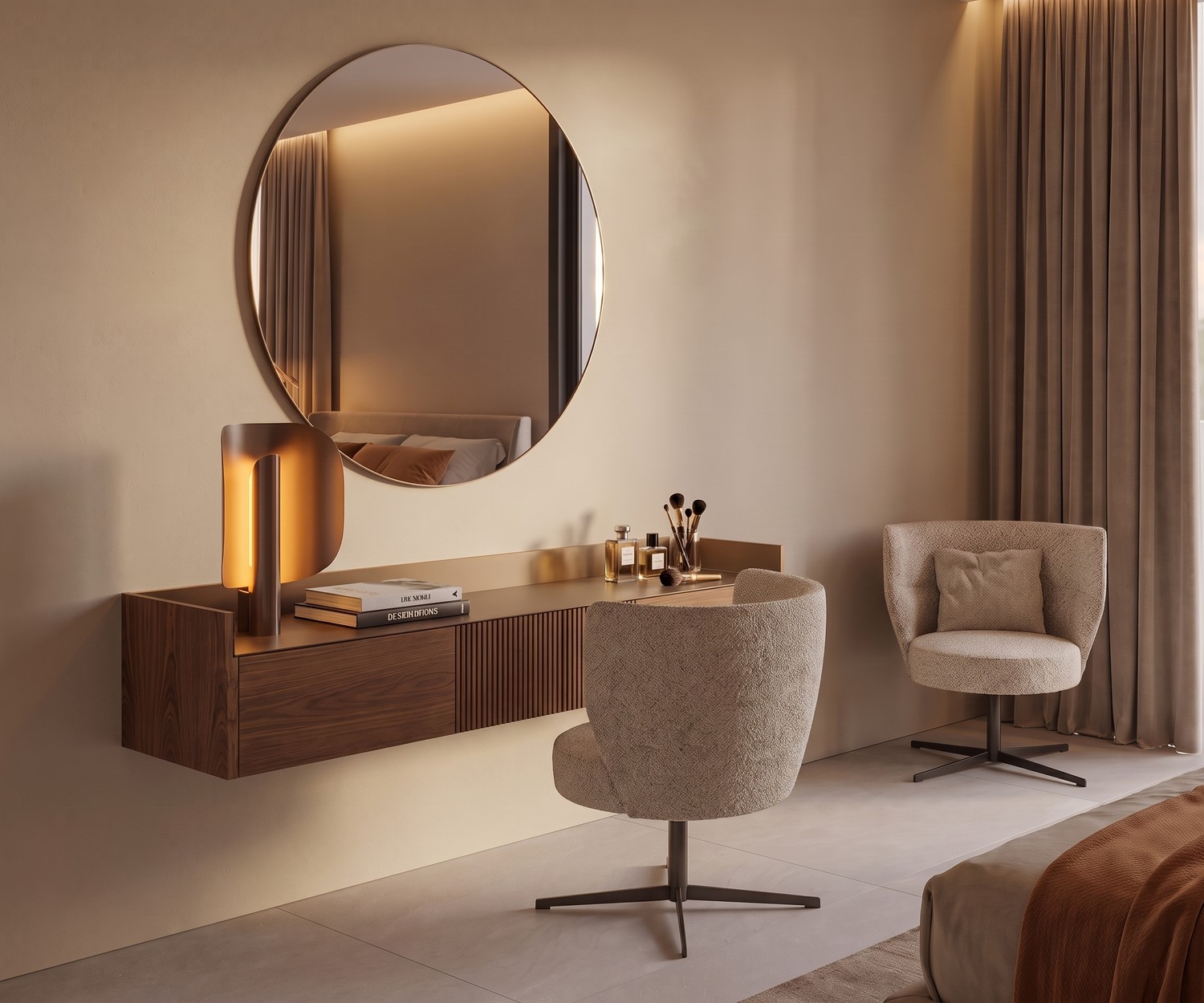 Punt Stockholm Slim Wand TV Sideboard hängend als Konsole im Schlafzimmer, aus Echtholz mit Alutop & rundem Spiegel.