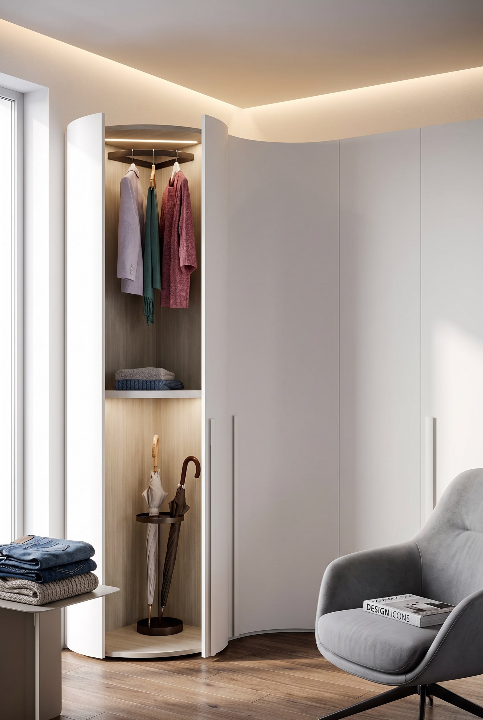 Chambre d'adolescent avec une armoire d'angle blanche et incurv&eacute;e, parfaitement int&eacute;gr&eacute;e dans l'angle &agrave; 90 degr&eacute;s de la pi&egrave;ce