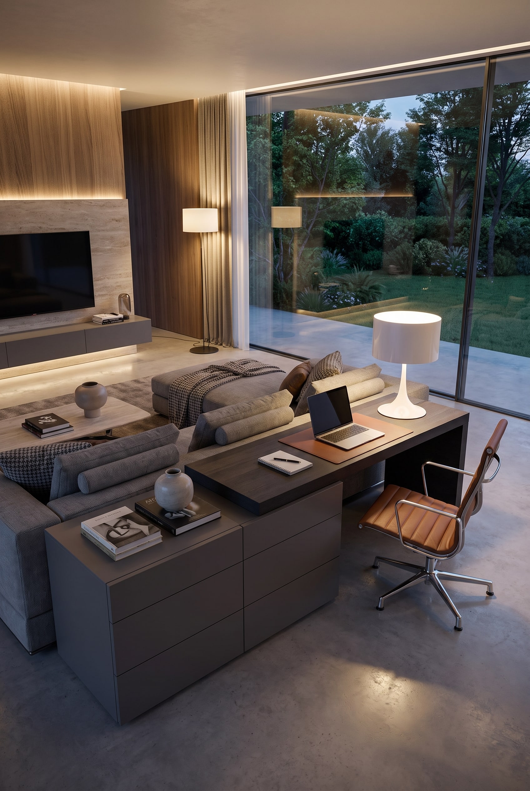 Commode grise qui se fond harmonieusement dans un plateau de bureau anthracite, complétée par une chaise blanche