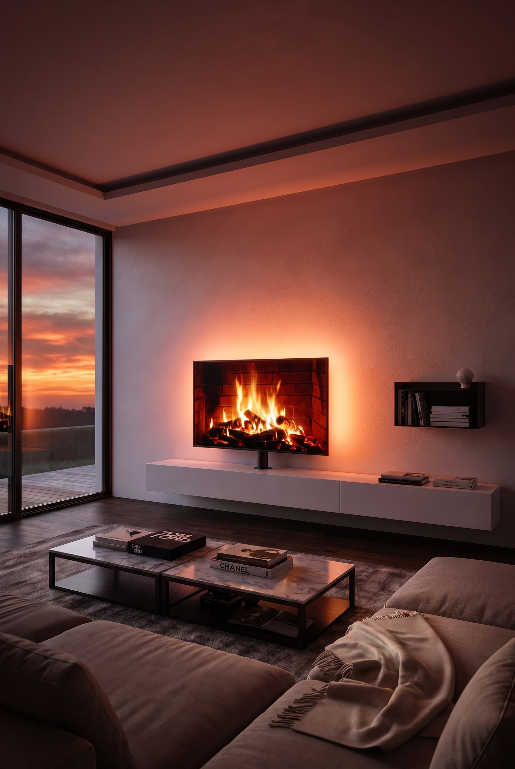 Minimalistisches Wohnzimmer mit weißem Lowboard, integrierter TV-Halterung und flachem Bildschirm bei sanfter Hintergrundbeleuchtung