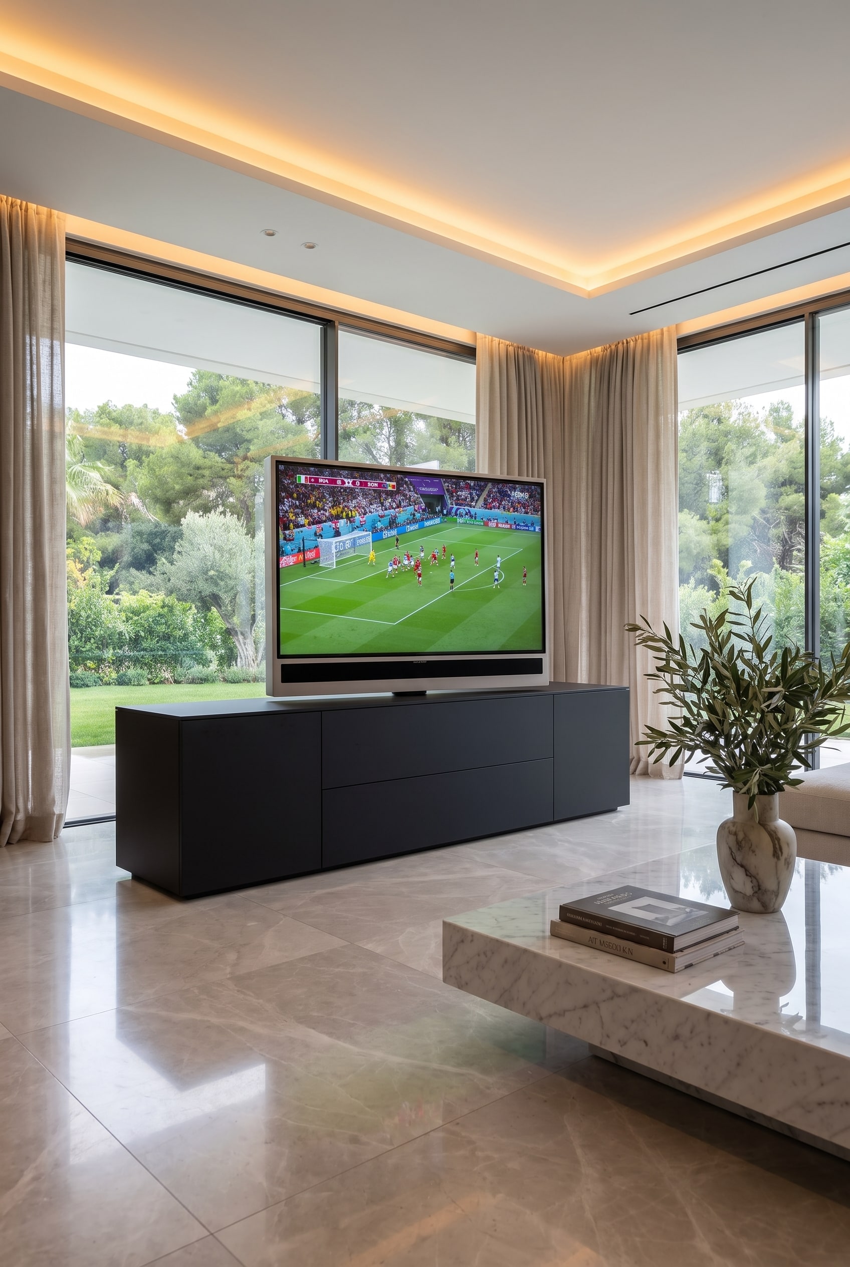Modernes Wohnzimmer mit Livitalia Roto Sideboard Raumteiler, drehbarem TV-Paneel, eleganten Vasen und gro&szlig;em Fenster mit indirekter Beleuchtung