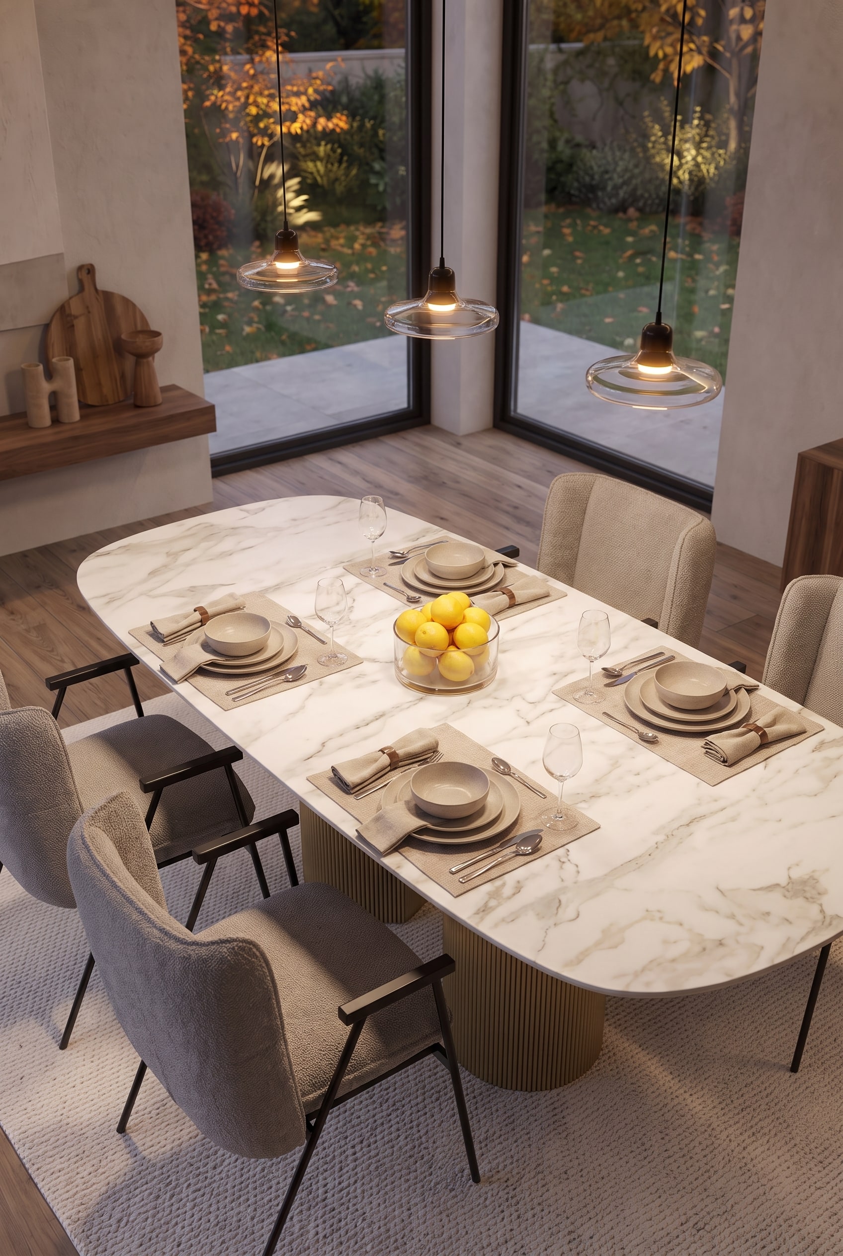 Vue de dessus de la table à manger symétriquement dressée pour six personnes avec des serviettes en tissu et un jardin d'automne en arrière-plan.