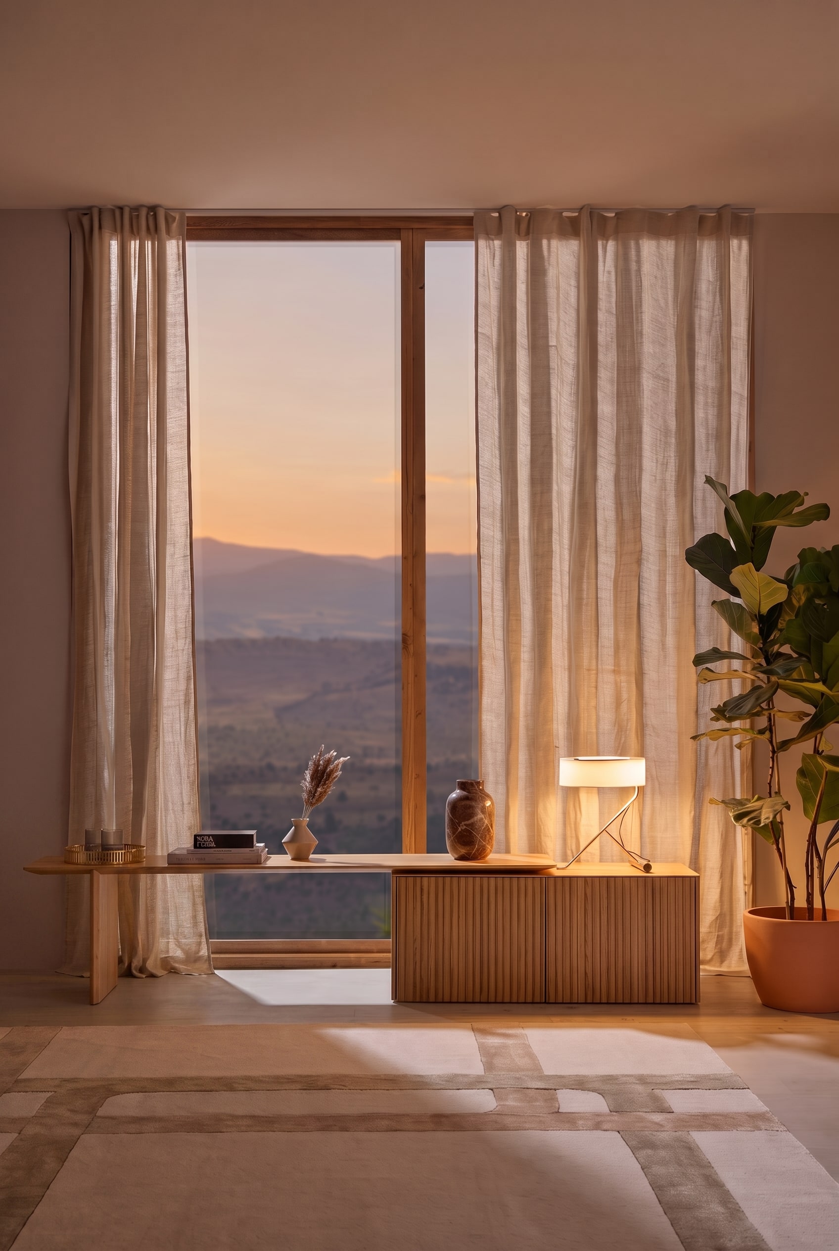 Helles Punt Velasca Sideboard vor einem gro&szlig;en Panoramafenster mit dezenter Dekoration und einer gro&szlig;en Geigenfeige.