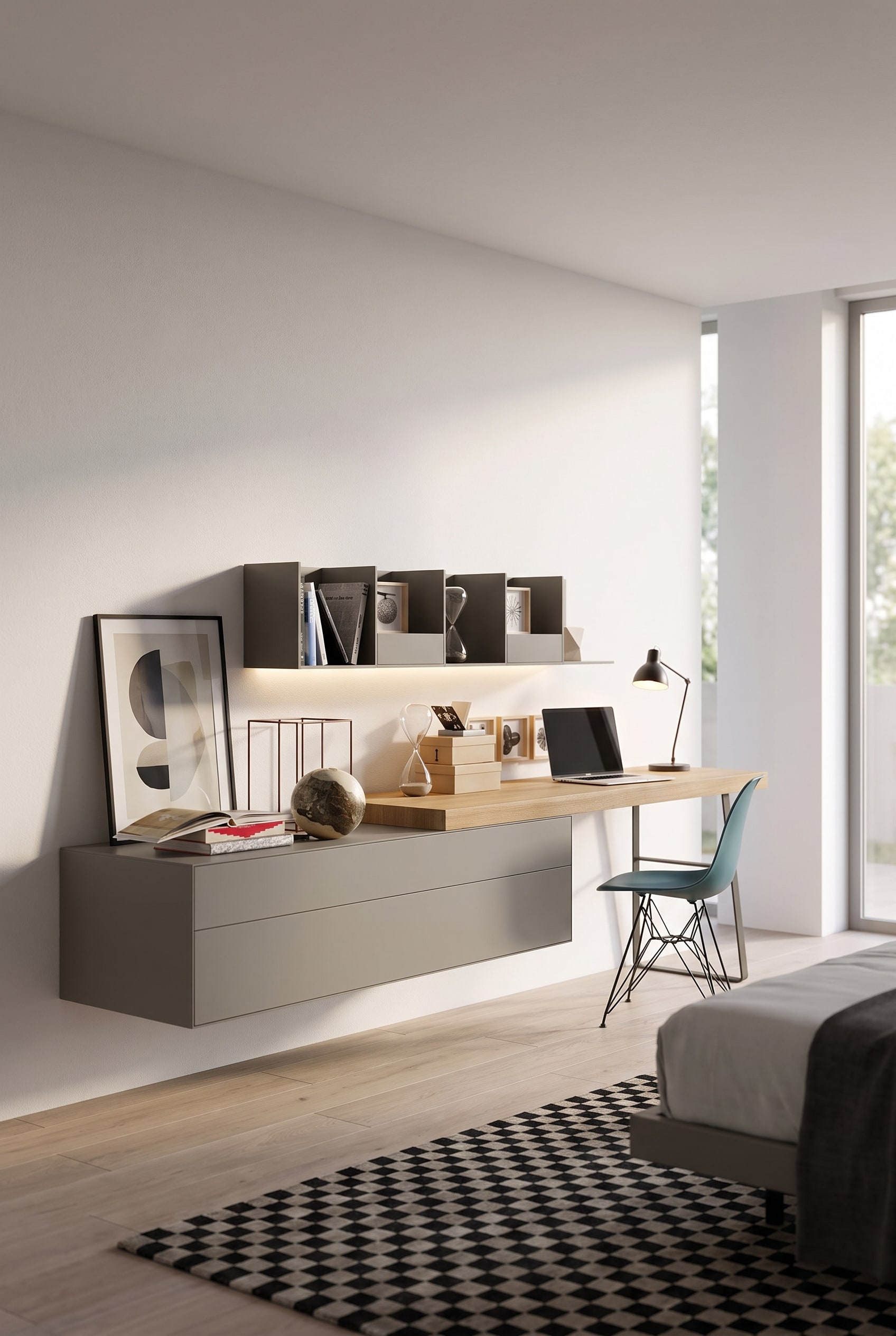 Espace de vie moderne avec un bureau mural flottant en chêne clair, une chaise minimaliste et une impression d'art au mur.
