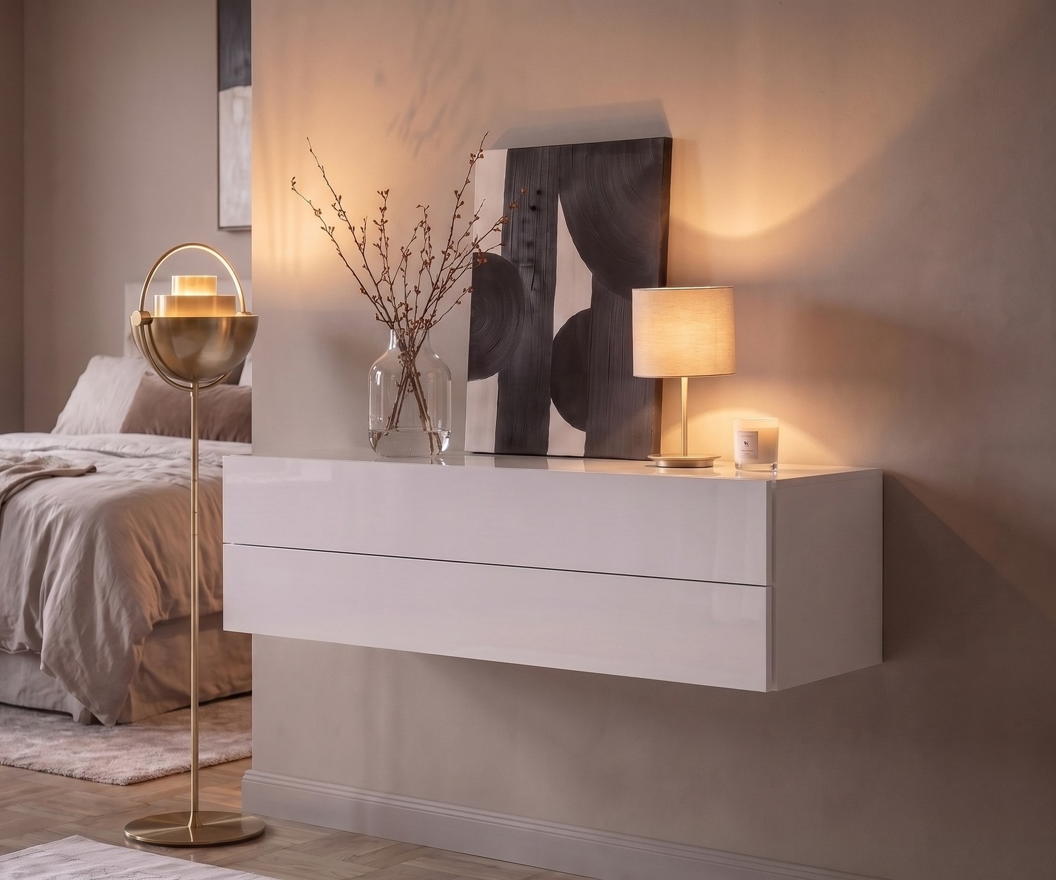 Hängekommode Novamobili Easy fürs Schlafzimmer. Schwebendes Sideboard in Weiß mit zwei Schubladen für modernen Minimalismus.