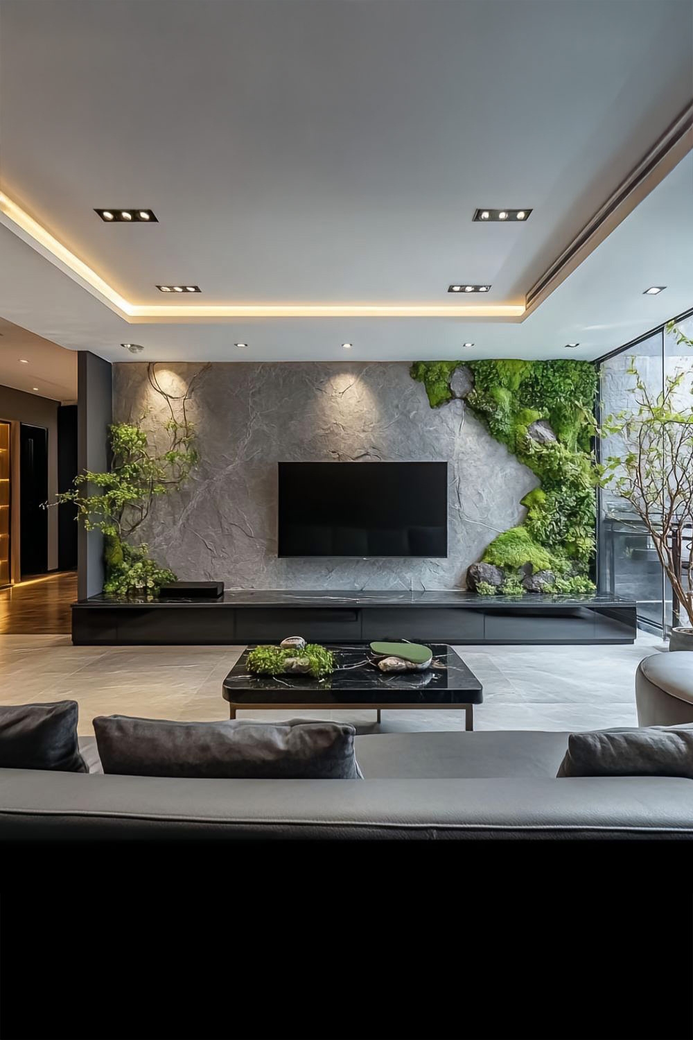 schwarze-wohnzimmermoebel-eingebettet-in-ein-natuerliches-ambiente-mit-authentischer-stein-moos-wand