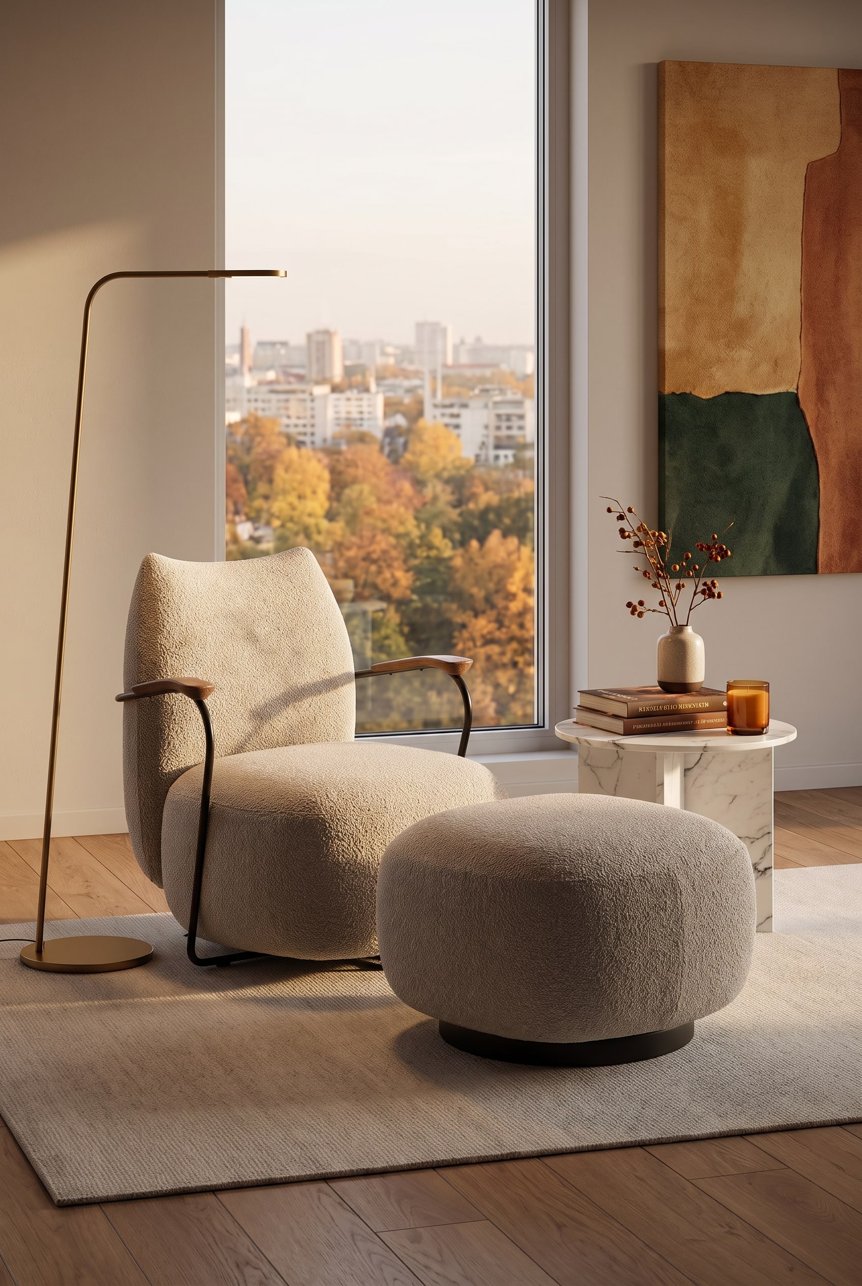 Le fauteuil volumineux Prostoria Buffa dans un salon décoré pour l'automne, entouré de coussins en grosse maille et d'un tapis doux.
