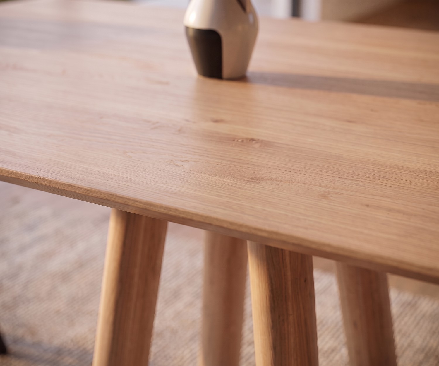 al2 mos-i-ko 001 a Esstisch aus Massivholz Esstisch al2 mos-i-ko 001 a für das Esszimmer aus Eiche Massivholz im skandinavischen Stil mit runden Tischbeinen.