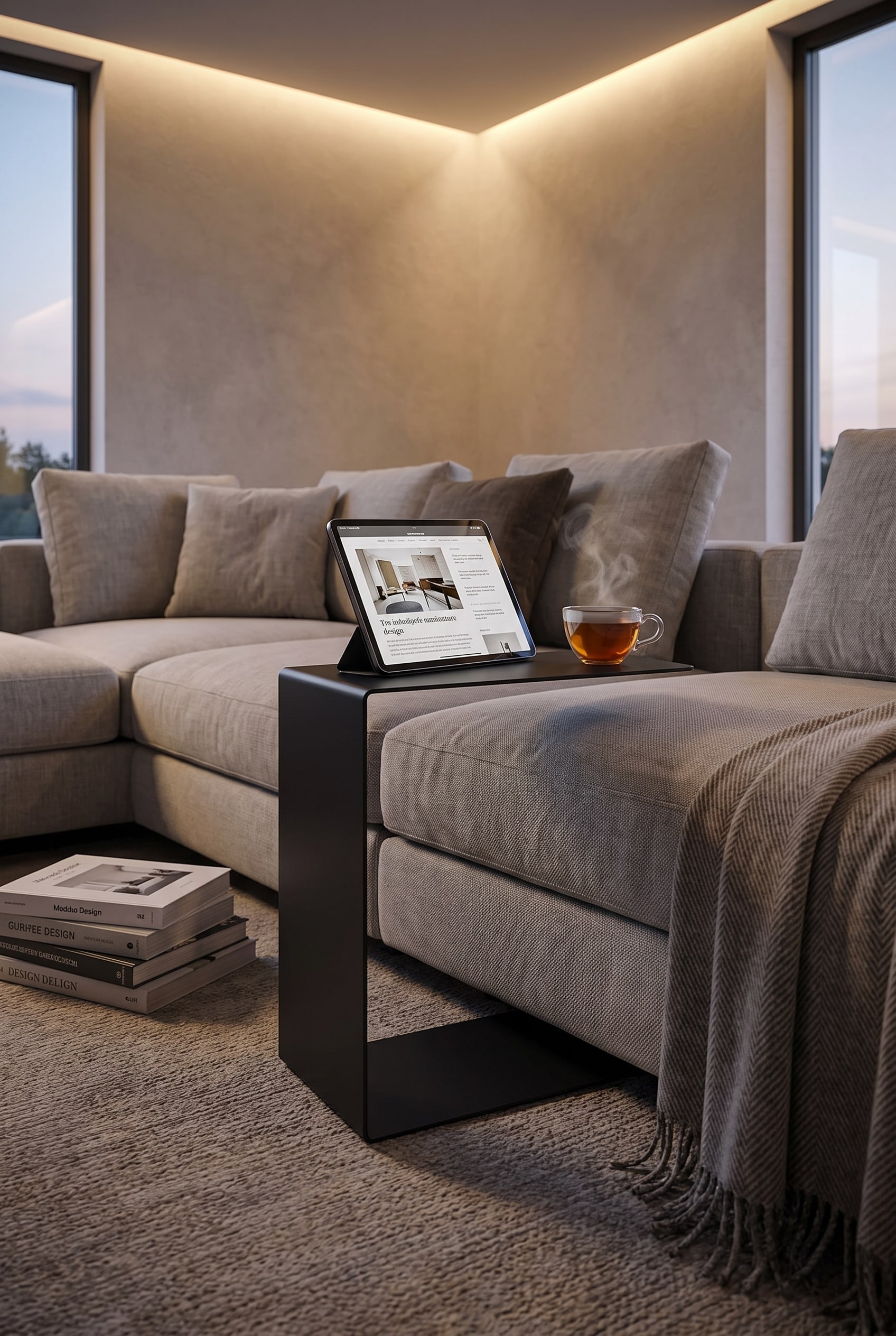 Salon moderne avec une table d'appoint de canap&eacute; filigrane en porte-&agrave;-faux en m&eacute;tal noir, dont le plateau d&eacute;passe directement au-dessus du coussin d'assise d'un canap&eacute; gris clair.