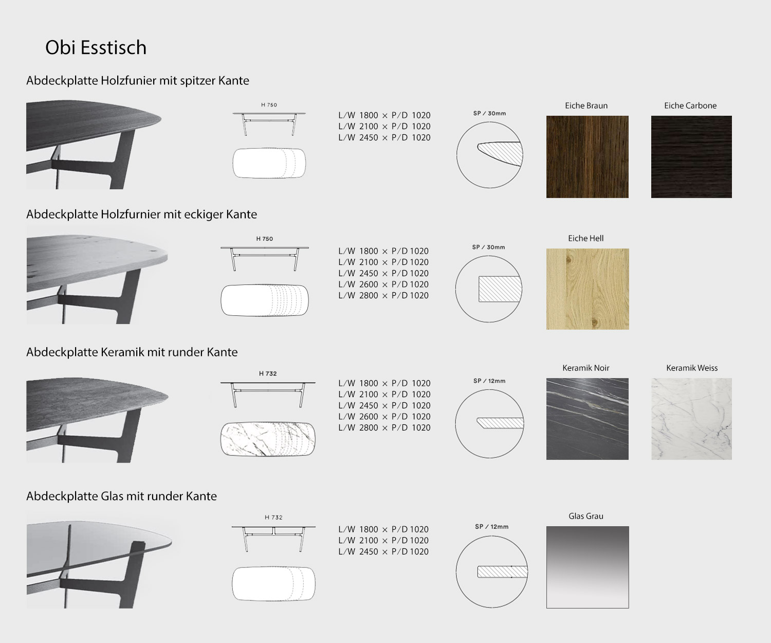 Obi Design Table de salle à manger Variantes Esquisse Dimensions